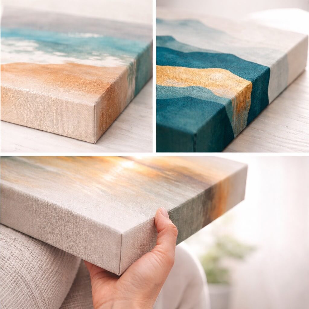 Close up details of the premium canvas print edges and corners.