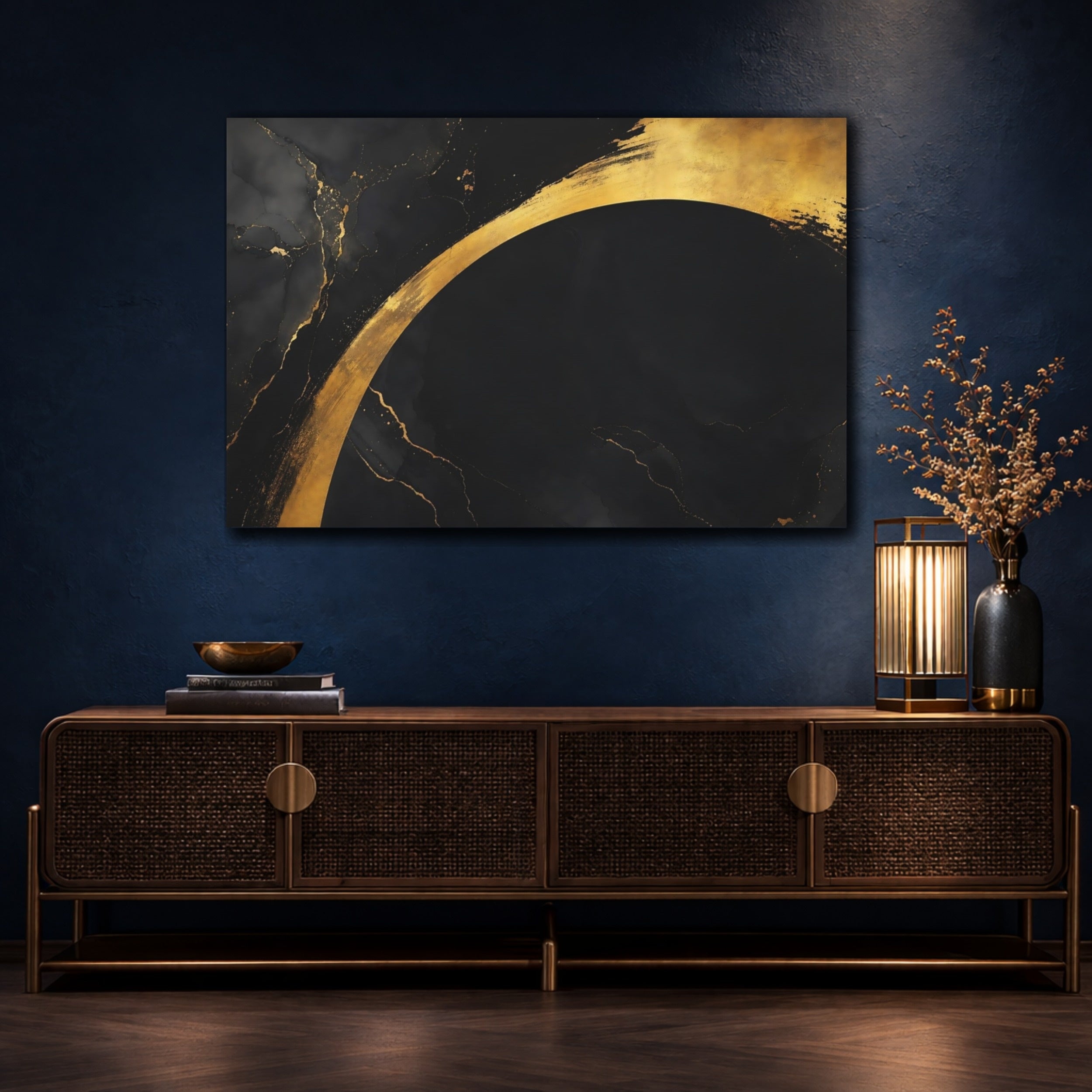 Mockup 4. Abstract Abstract Arch Black And Gold shown as stretched canvas wall art