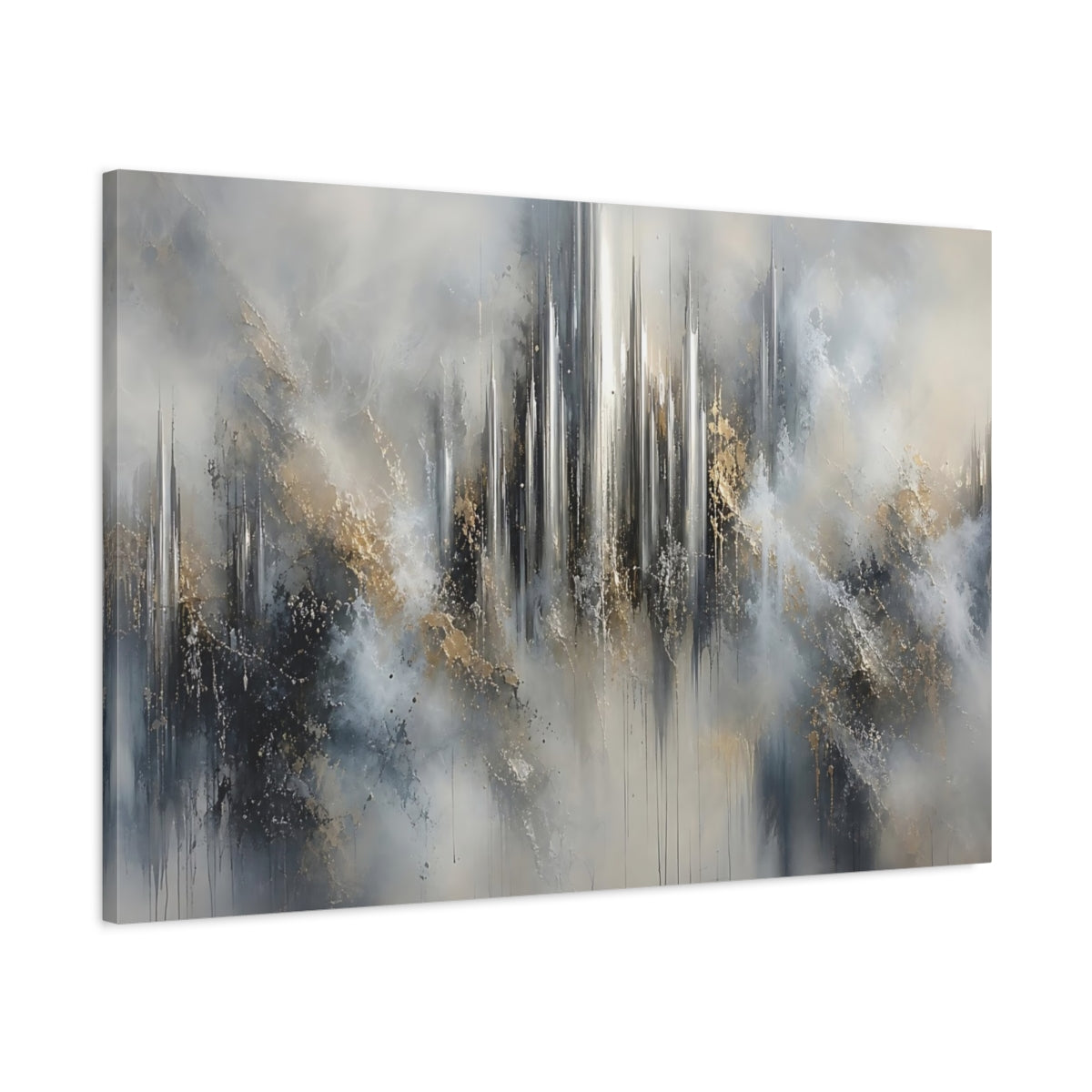 Main Mockup. Abstract Abstract Cityscape Abstract Gray Gold shown as stretched canvas wall art