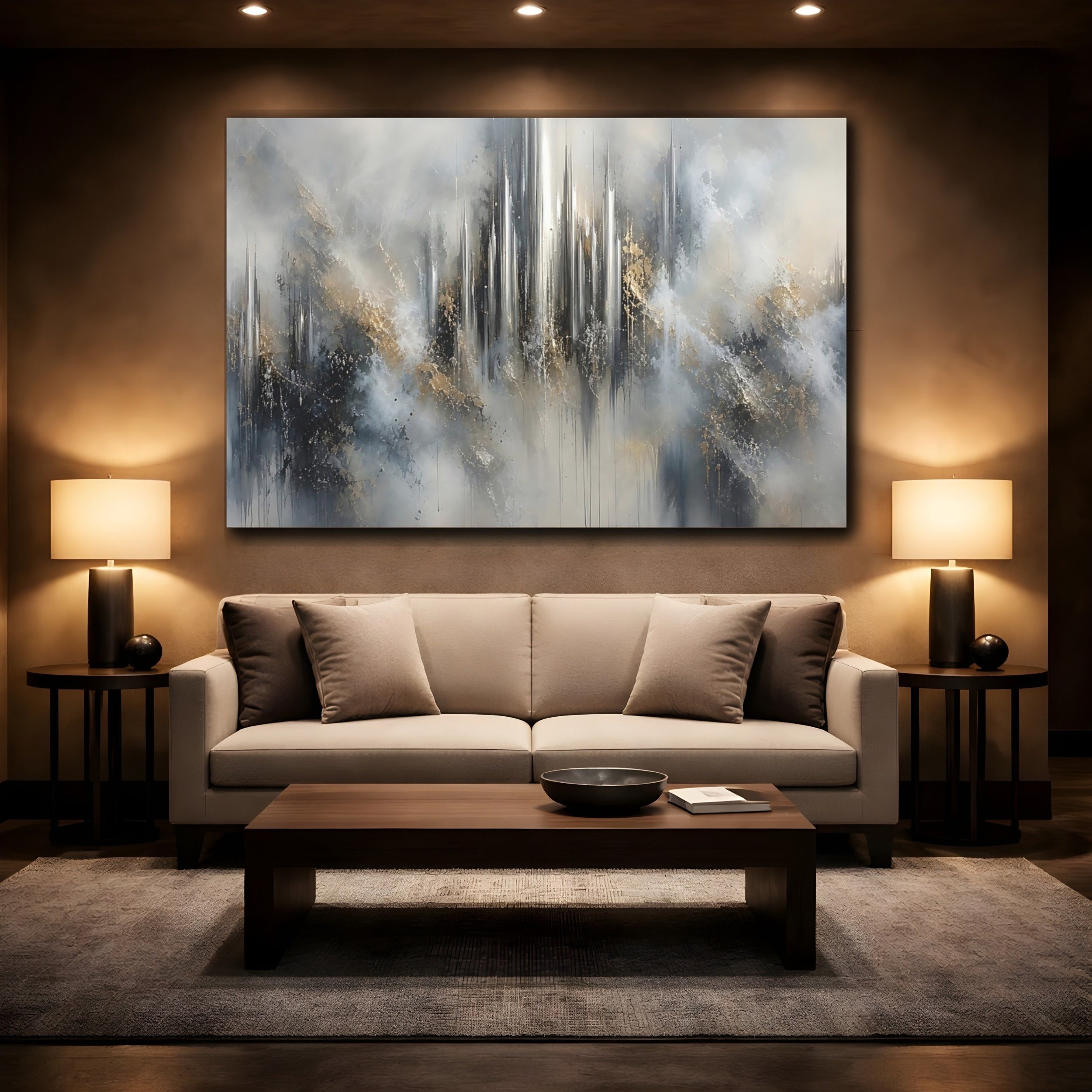 Mockup 2. Abstract Abstract Cityscape Abstract Gray Gold shown as stretched canvas wall art