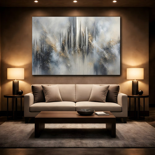 Mockup 2. Abstract Abstract Cityscape Abstract Gray Gold shown as stretched canvas wall art