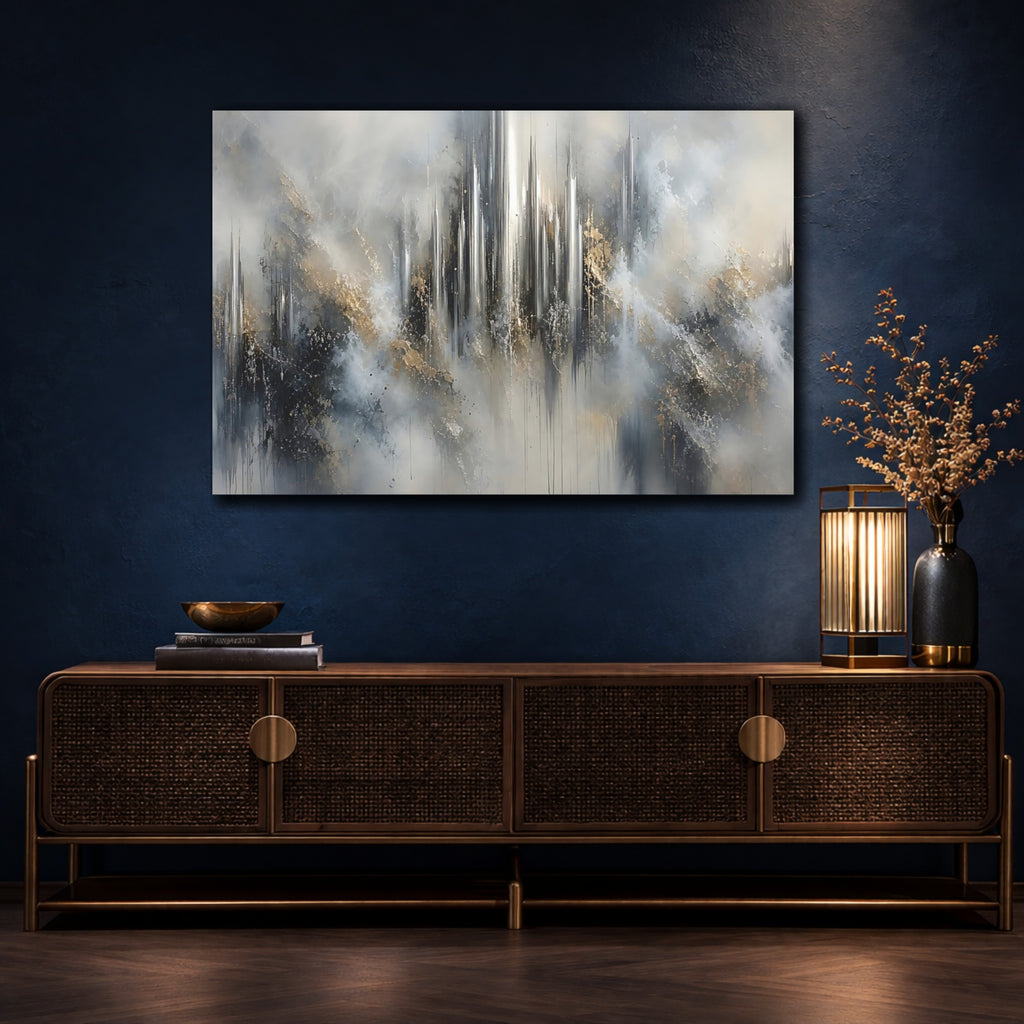 Mockup 4. Abstract Abstract Cityscape Abstract Gray Gold shown as stretched canvas wall art