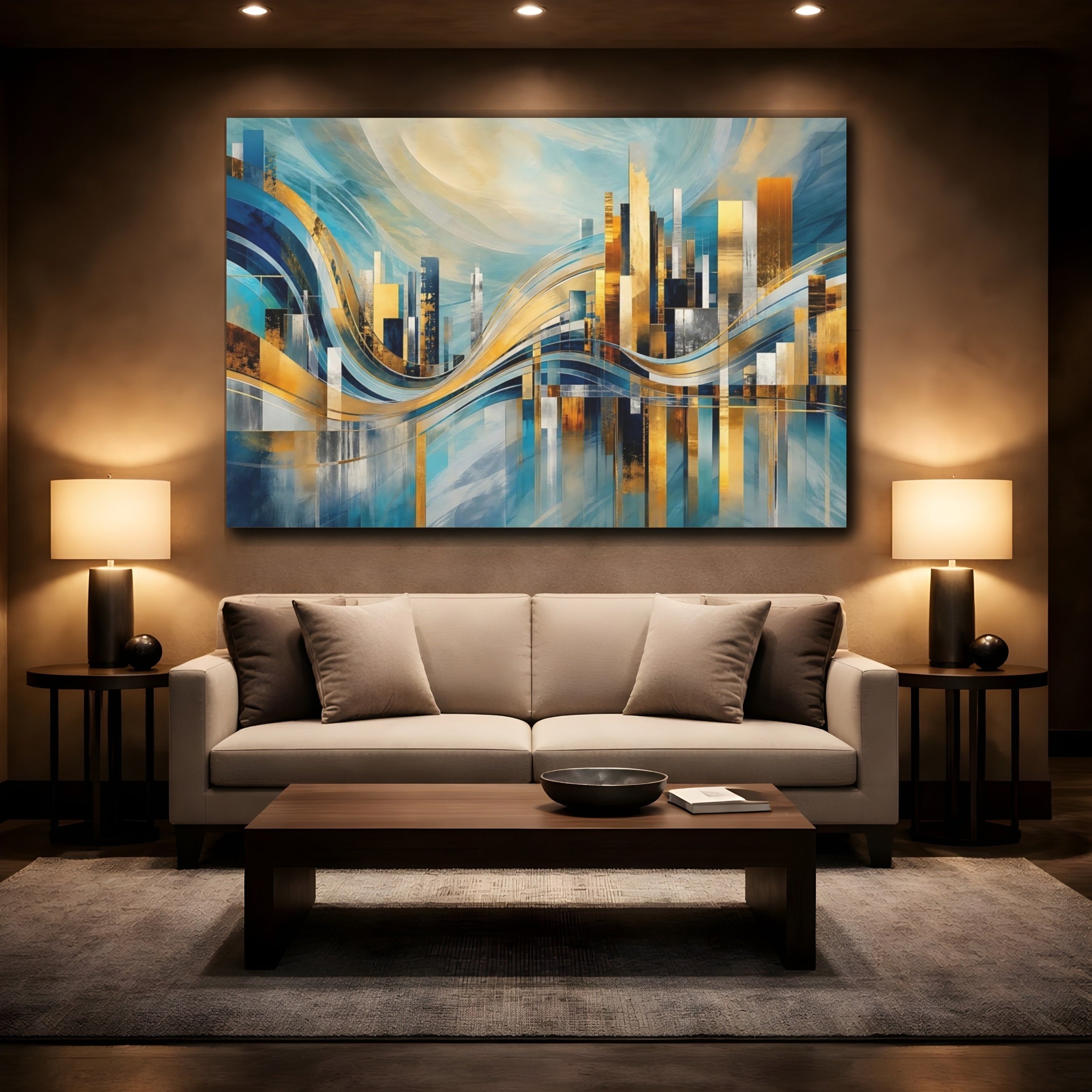 Mockup 2. Abstract Abstract Cityscape Blue And Gold Cityscape shown as stretched canvas wall art