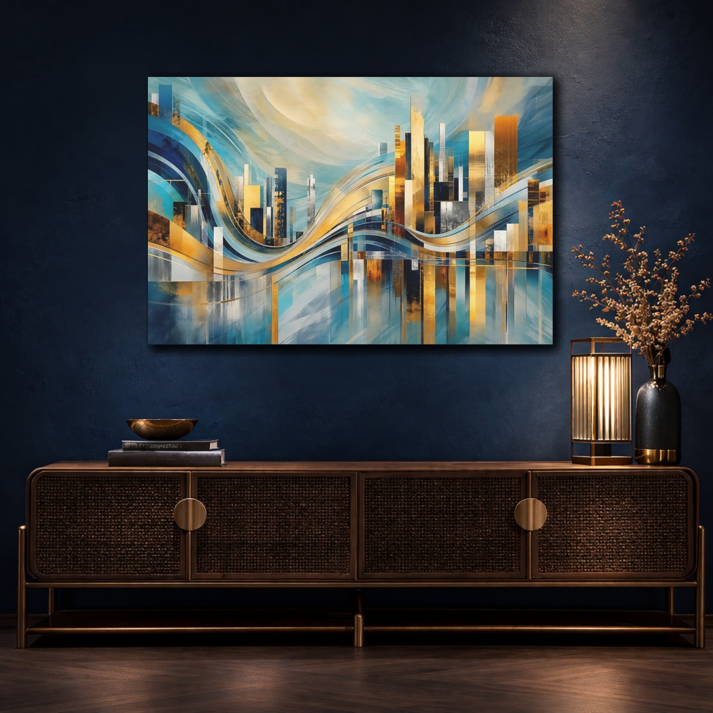 Mockup 4. Abstract Abstract Cityscape Blue And Gold Cityscape shown as stretched canvas wall art