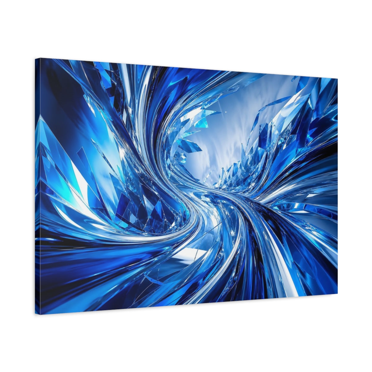 Main Mockup. Abstract Abstract Crystals Blue And Silver shown as stretched canvas wall art