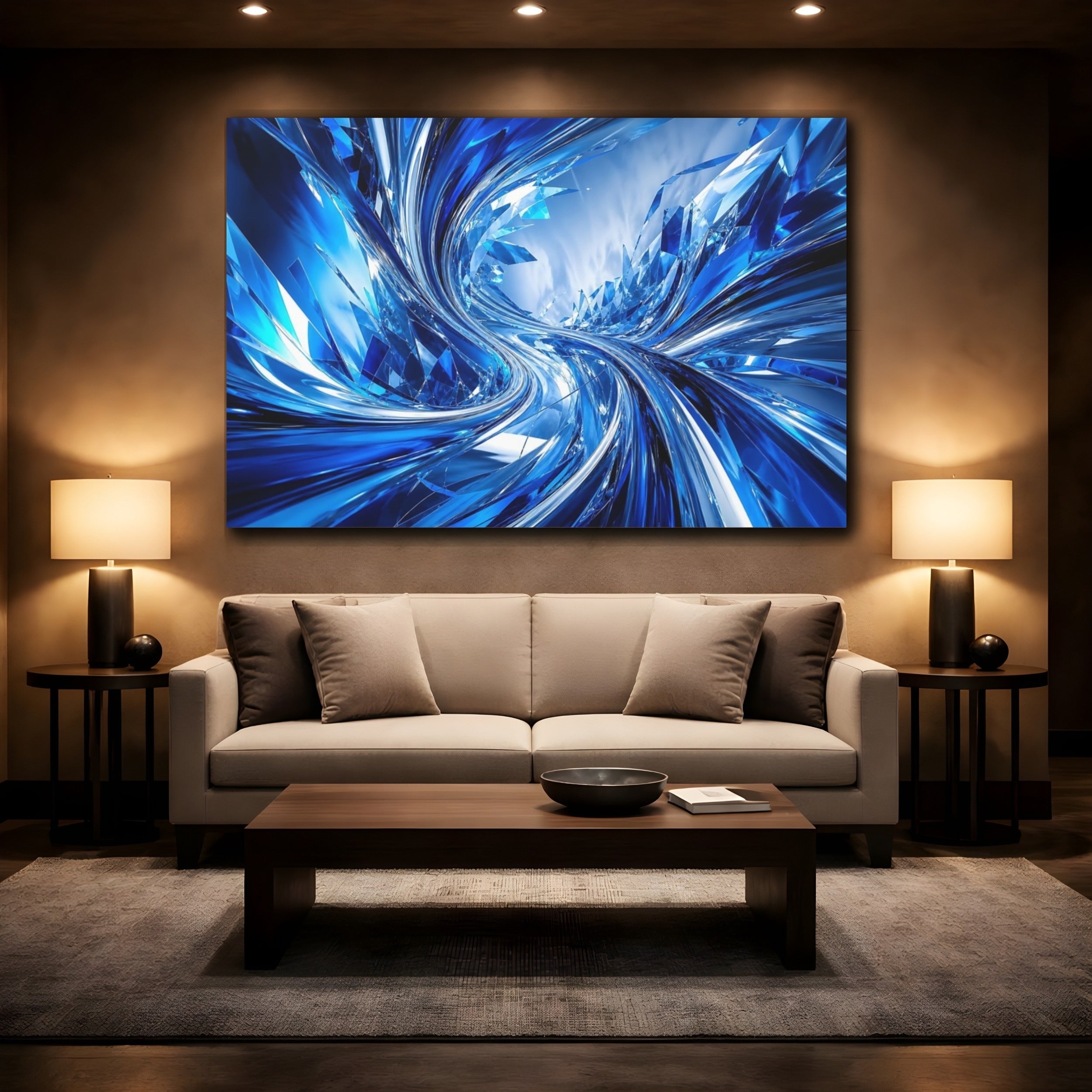 Mockup 2. Abstract Abstract Crystals Blue And Silver shown as stretched canvas wall art