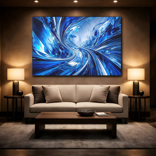 Mockup 2. Abstract Abstract Crystals Blue And Silver shown as stretched canvas wall art