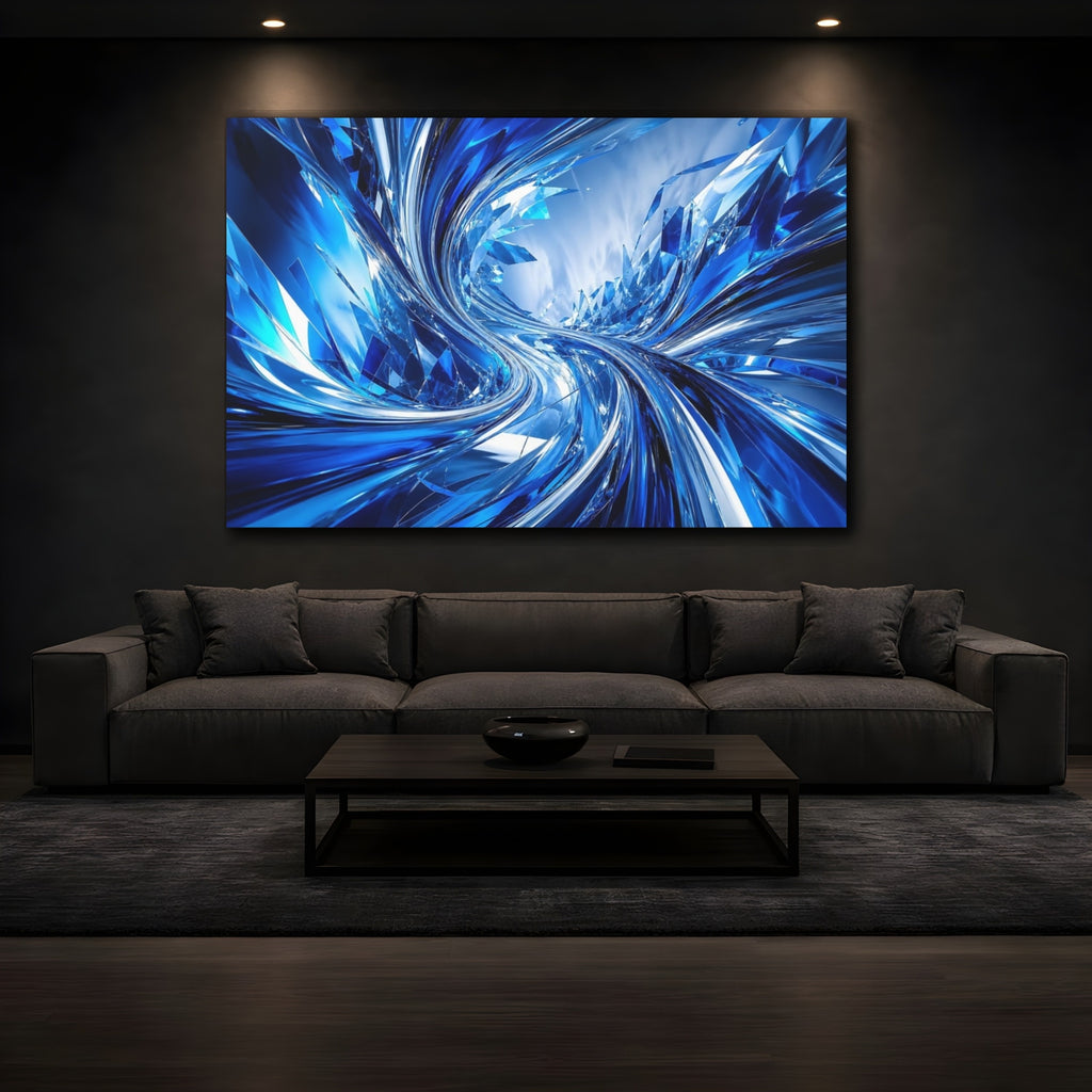 Mockup 3. Abstract Abstract Crystals Blue And Silver shown as stretched canvas wall art