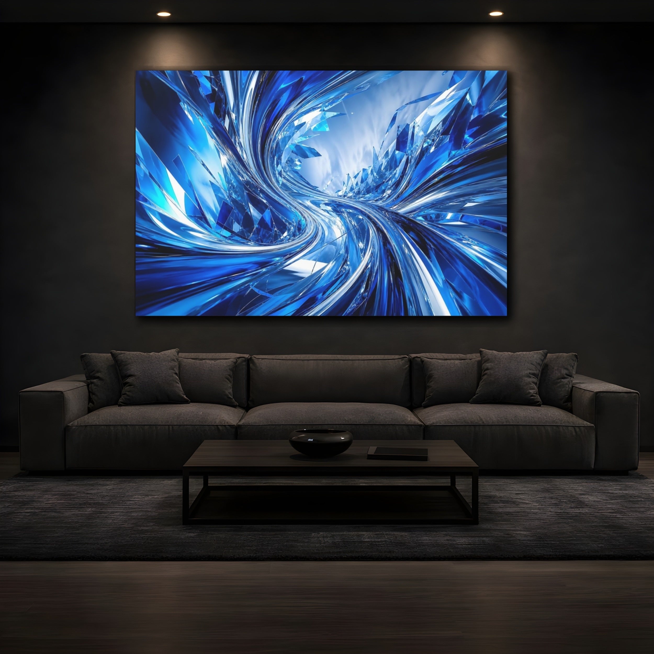 Mockup 3. Abstract Abstract Crystals Blue And Silver shown as stretched canvas wall art