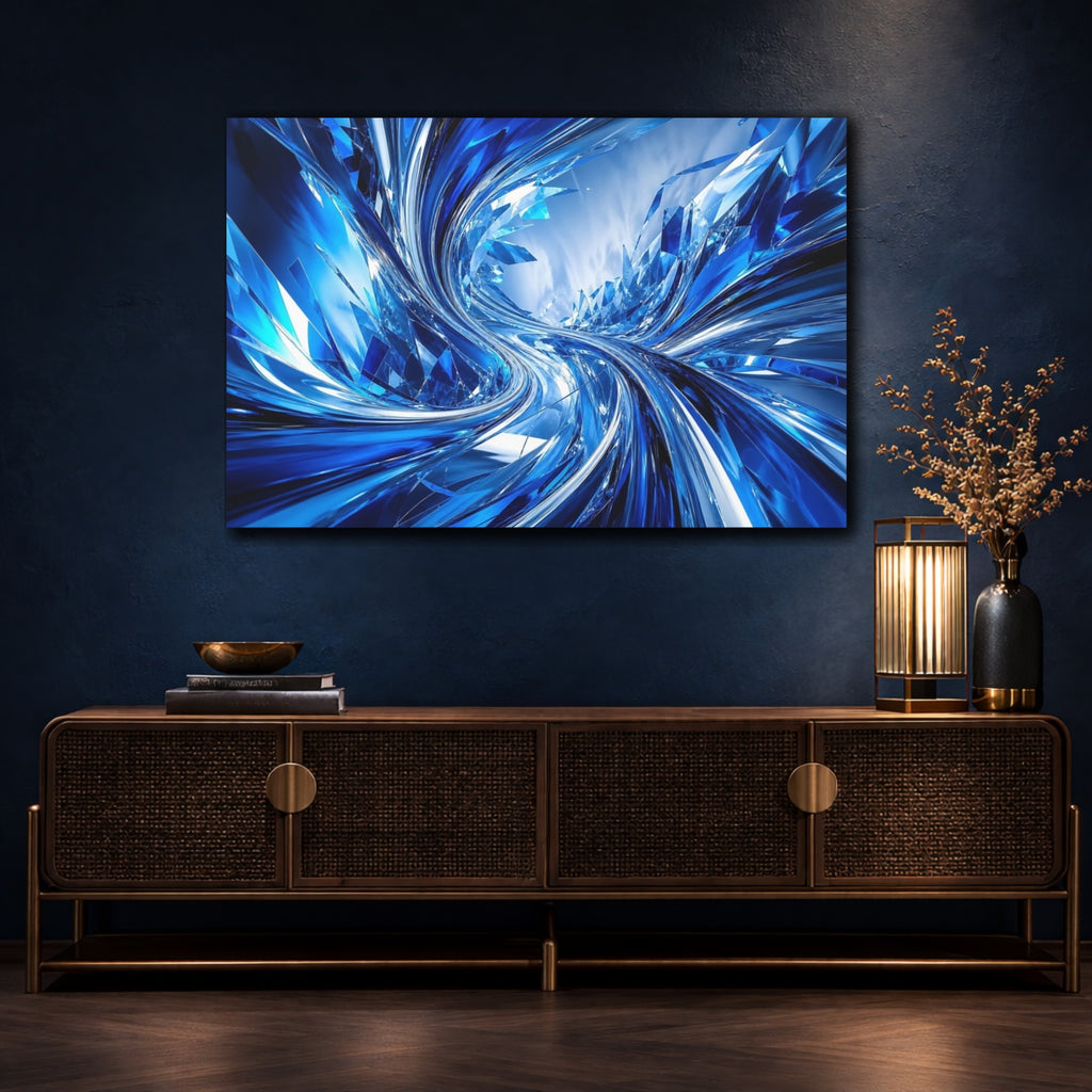 Mockup 4. Abstract Abstract Crystals Blue And Silver shown as stretched canvas wall art
