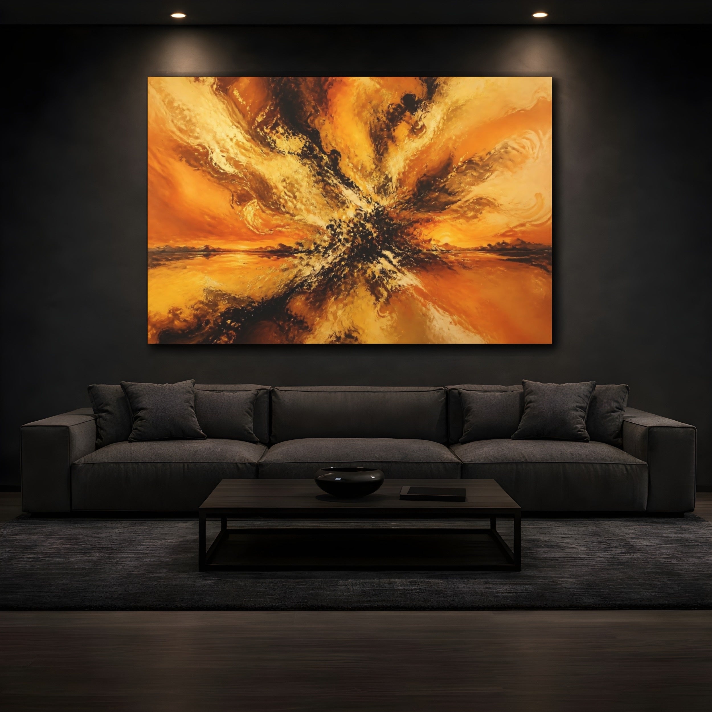 Mockup 3. Abstract Abstract Explosion Orange Gold Abstract shown as stretched canvas wall art