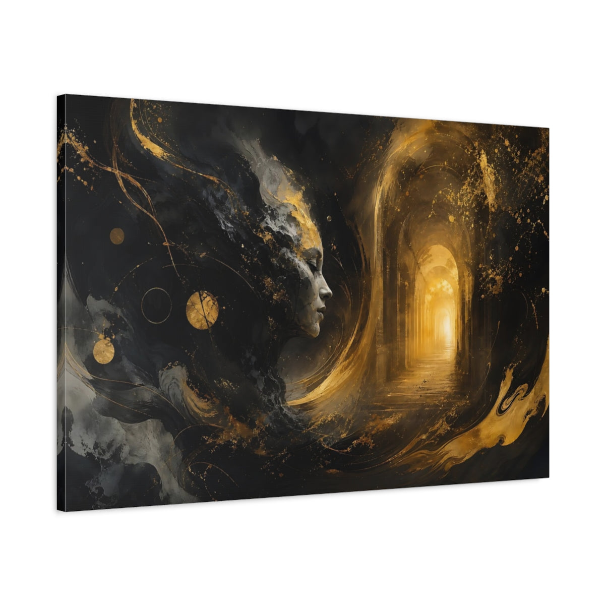 Main Mockup. Abstract Abstract Face Black And Gold shown as stretched canvas wall art