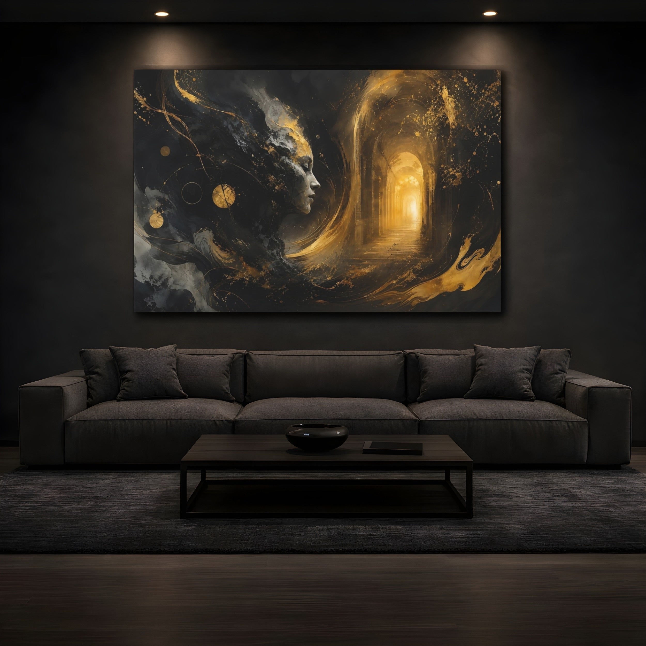 Mockup 3. Abstract Abstract Face Black And Gold shown as stretched canvas wall art
