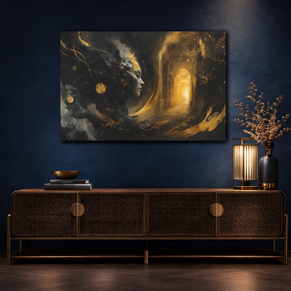 Mockup 4. Abstract Abstract Face Black And Gold shown as stretched canvas wall art