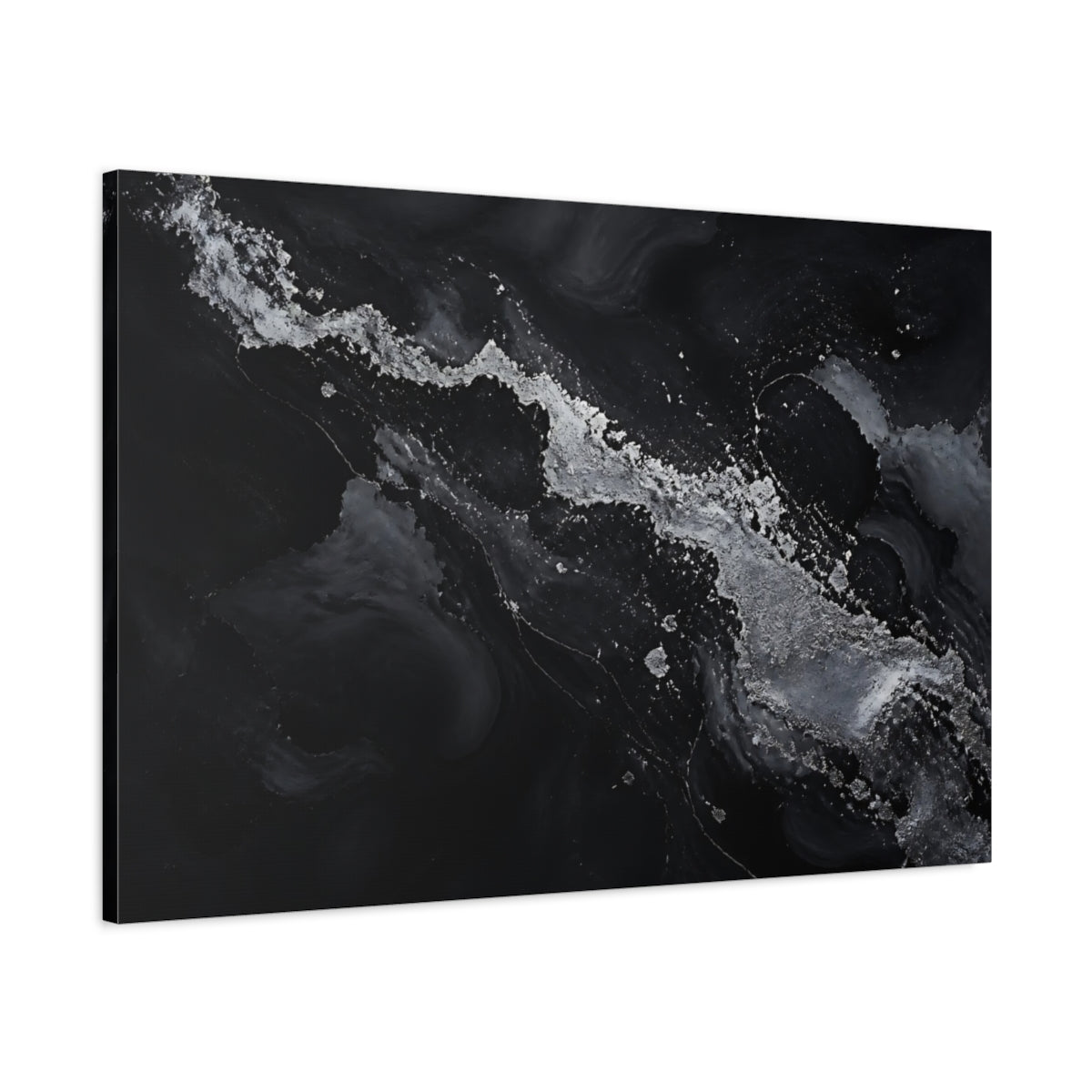 Main Mockup. Abstract Abstract Flow Black And Silver shown as stretched canvas wall art