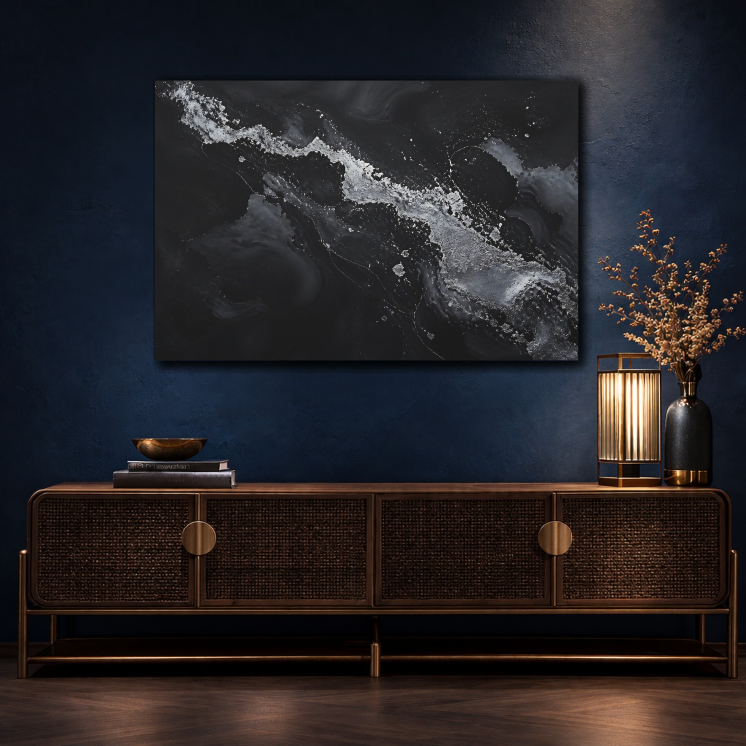 Mockup 4. Abstract Abstract Flow Black And Silver shown as stretched canvas wall art