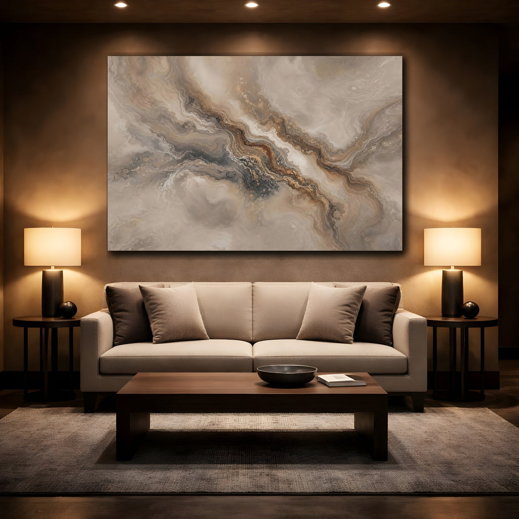 Mockup 2. Abstract Abstract Flow Brown And Gold Abstract shown as stretched canvas wall art