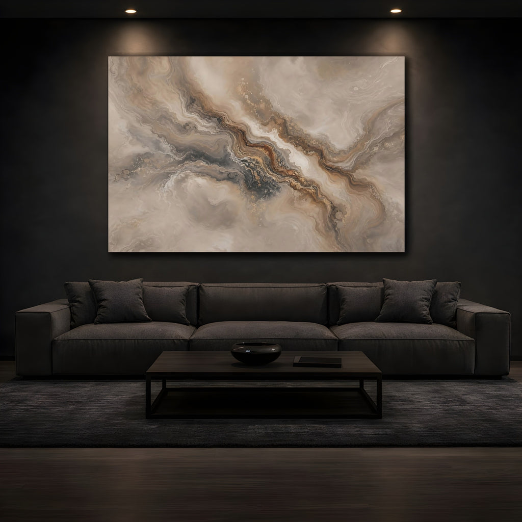 Mockup 3. Abstract Abstract Flow Brown And Gold Abstract shown as stretched canvas wall art