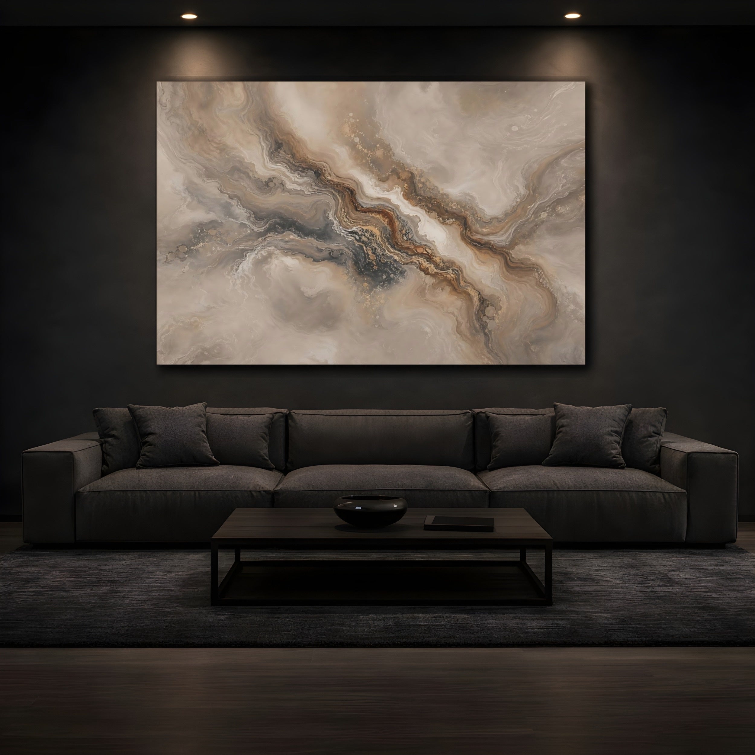 Mockup 3. Abstract Abstract Flow Brown And Gold Abstract shown as stretched canvas wall art