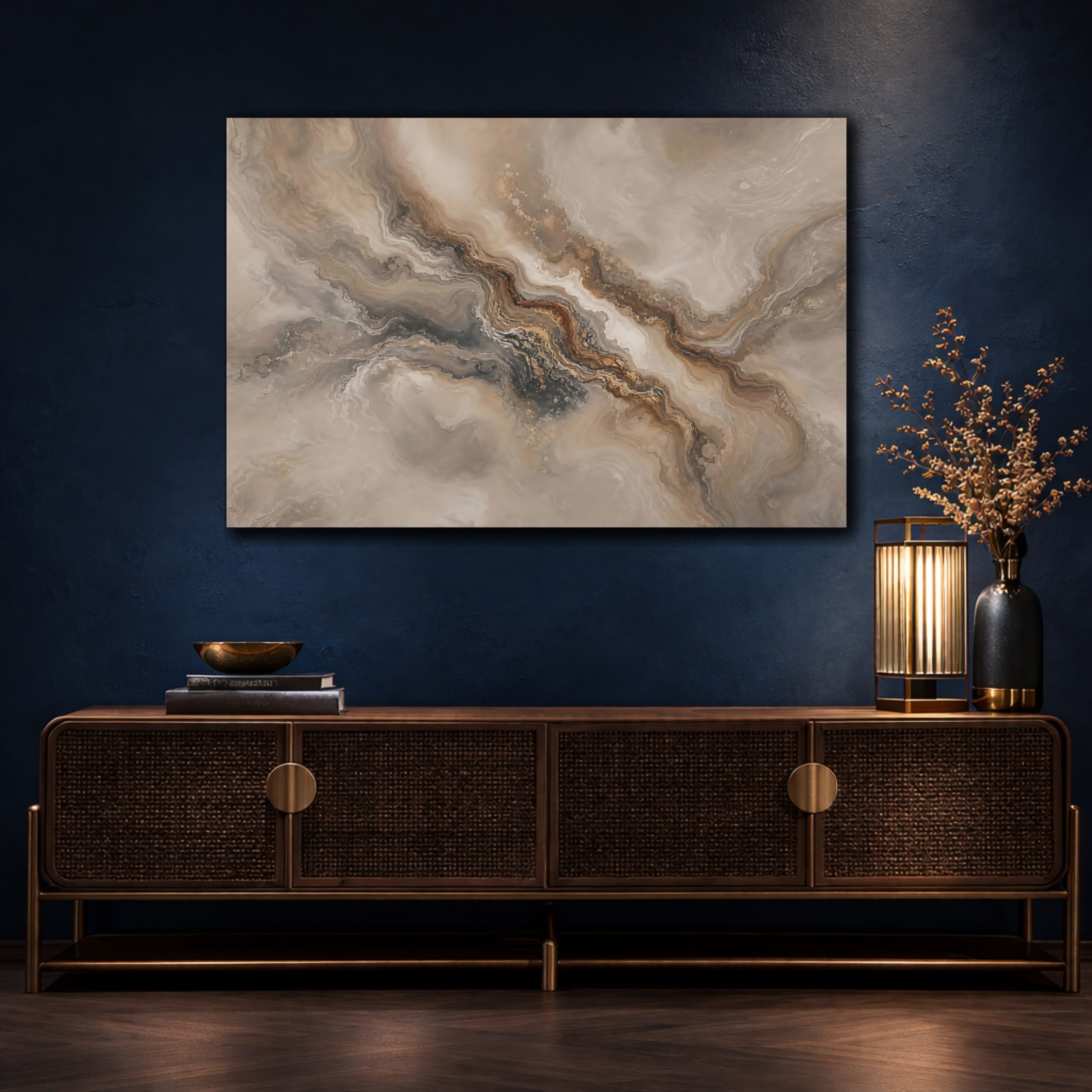 Mockup 4. Abstract Abstract Flow Brown And Gold Abstract shown as stretched canvas wall art