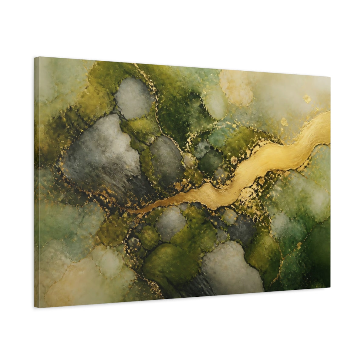 Main Mockup. Abstract Abstract Flow Green And Gold shown as stretched canvas wall art