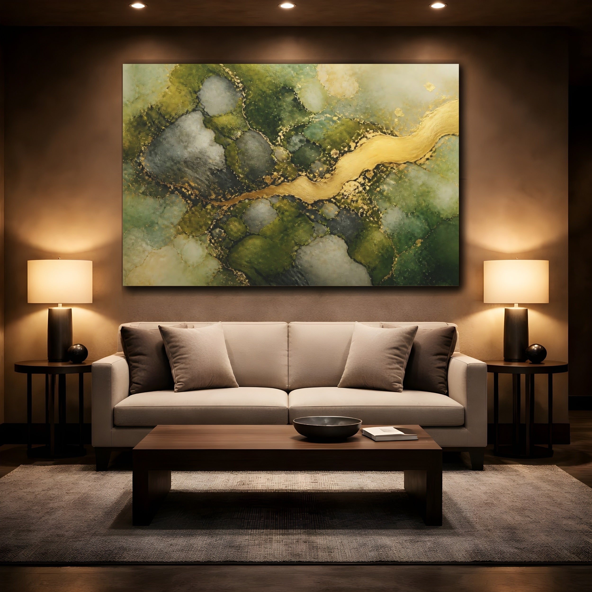 Mockup 2. Abstract Abstract Flow Green And Gold shown as stretched canvas wall art