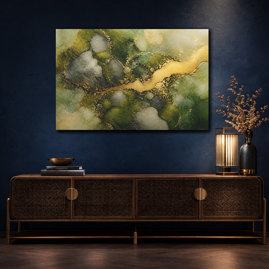 Mockup 4. Abstract Abstract Flow Green And Gold shown as stretched canvas wall art