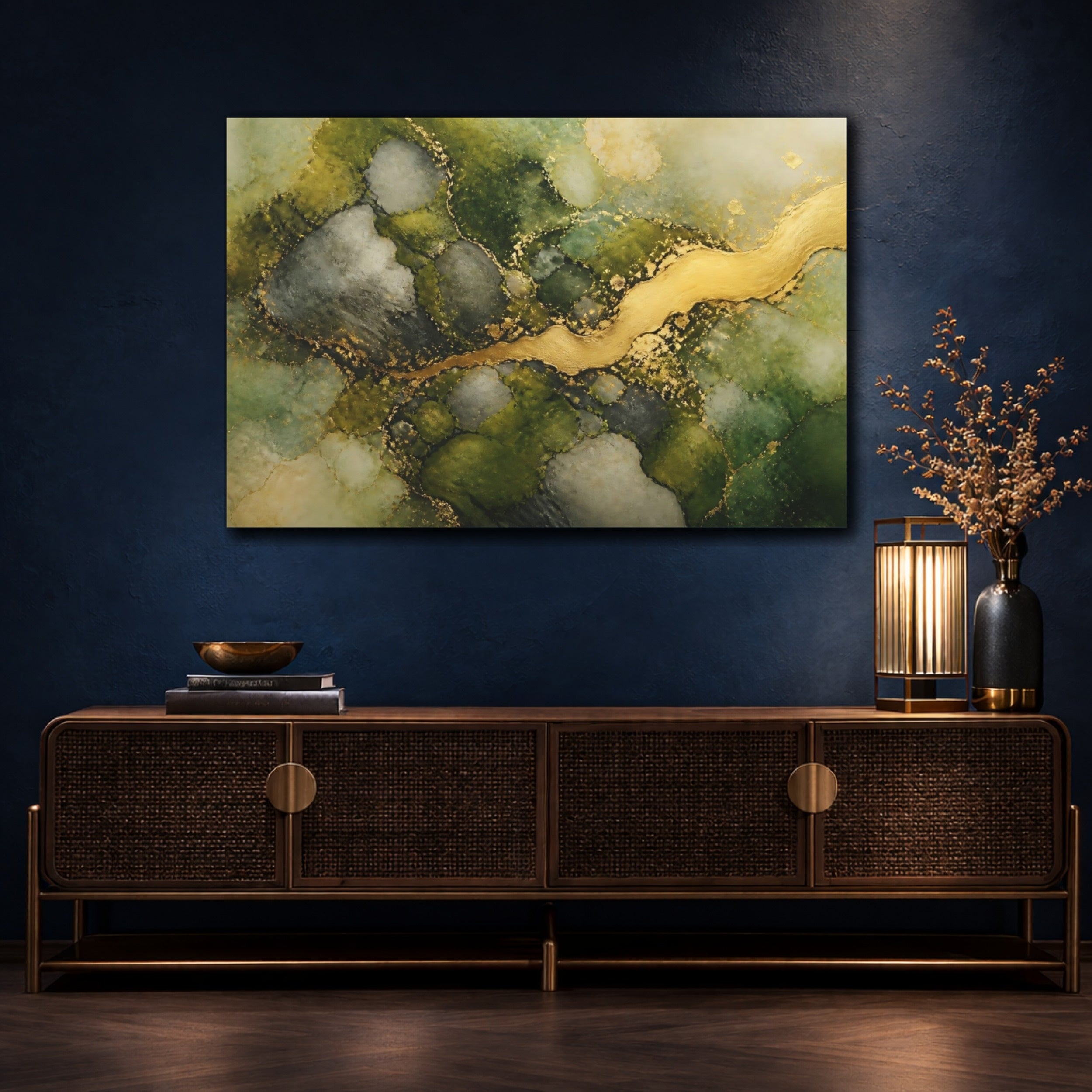 Mockup 4. Abstract Abstract Flow Green And Gold shown as stretched canvas wall art