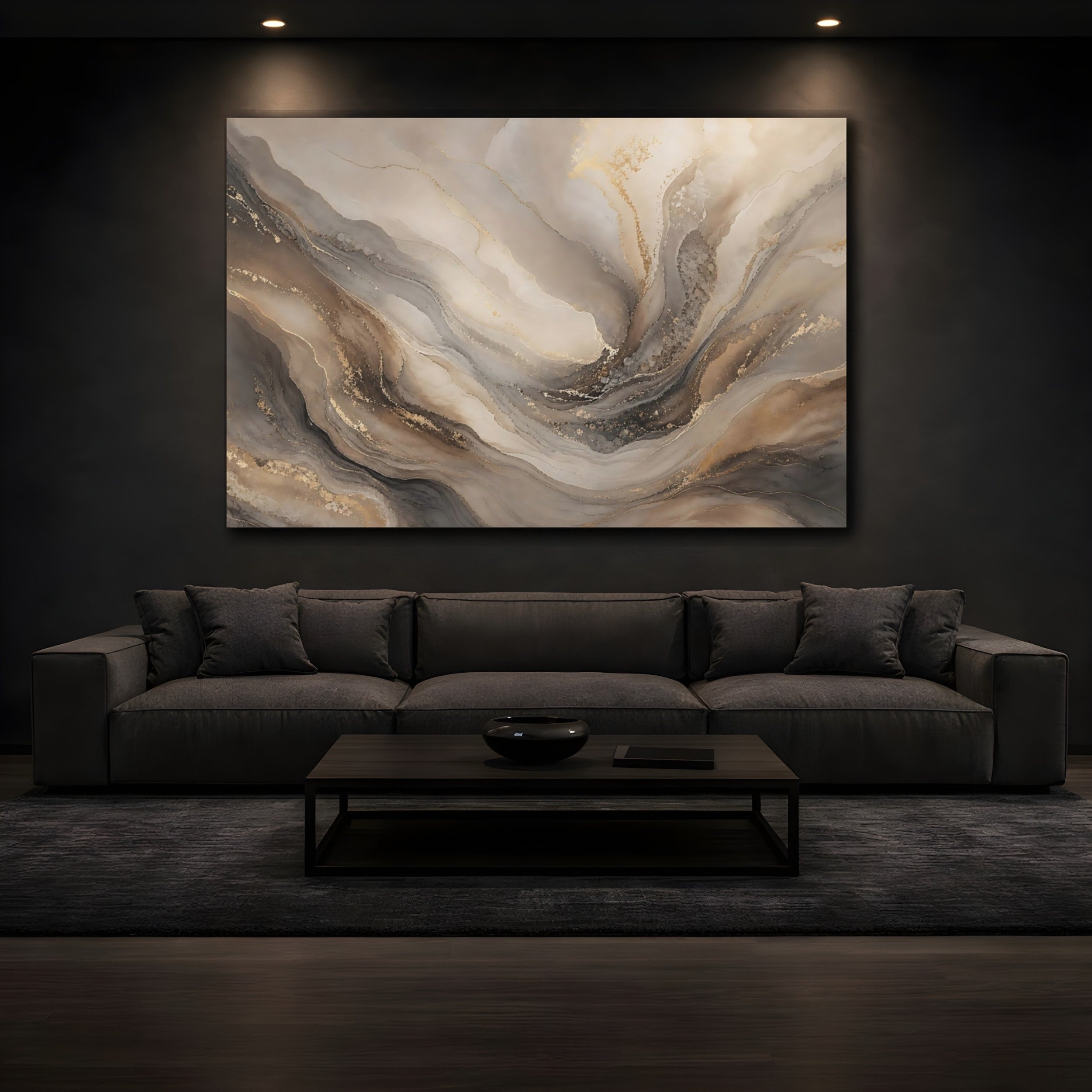 Mockup 3. Abstract Abstract Fluid Beige Gold Abstract shown as stretched canvas wall art