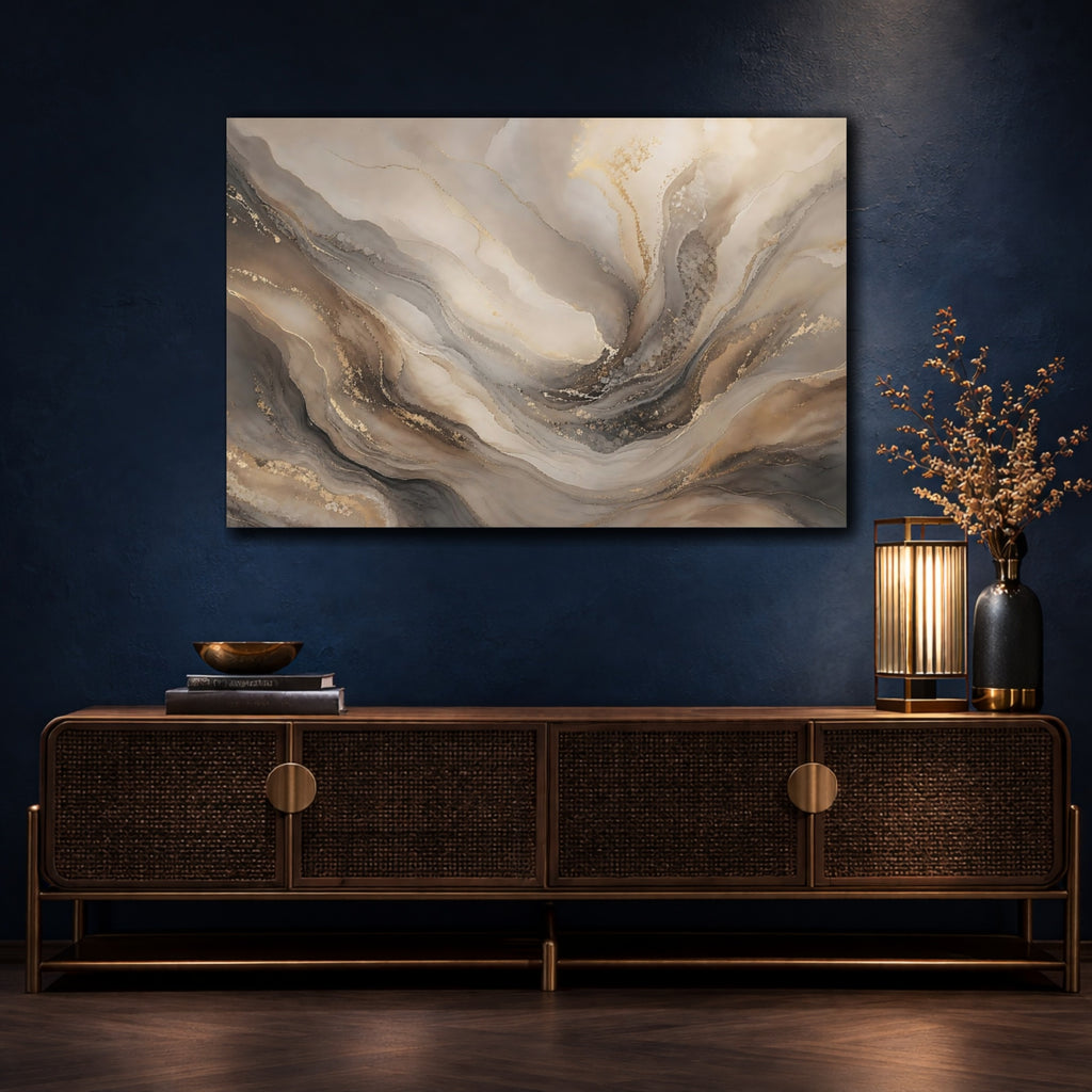 Mockup 4. Abstract Abstract Fluid Beige Gold Abstract shown as stretched canvas wall art