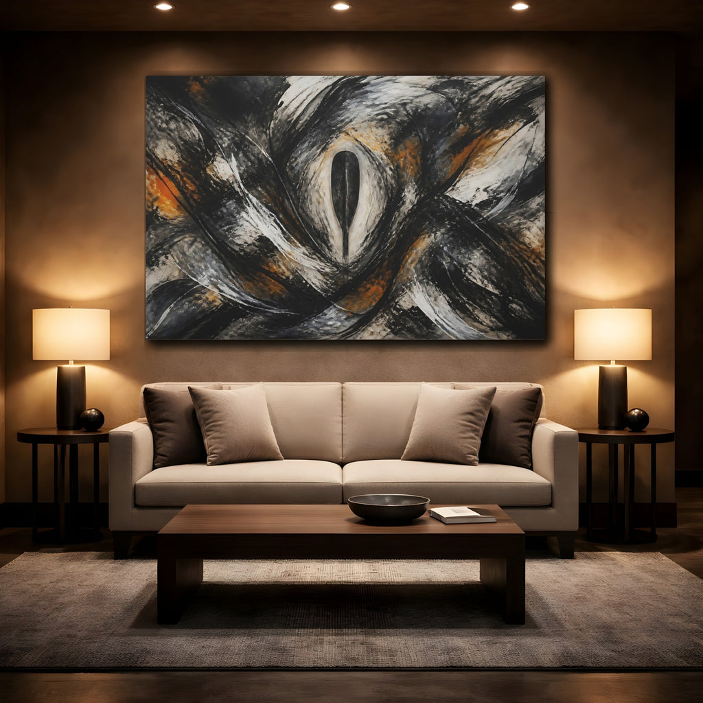 Mockup 2. Abstract Abstract Form Black White Orange shown as stretched canvas wall art