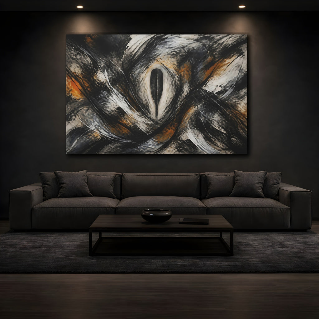 Mockup 3. Abstract Abstract Form Black White Orange shown as stretched canvas wall art