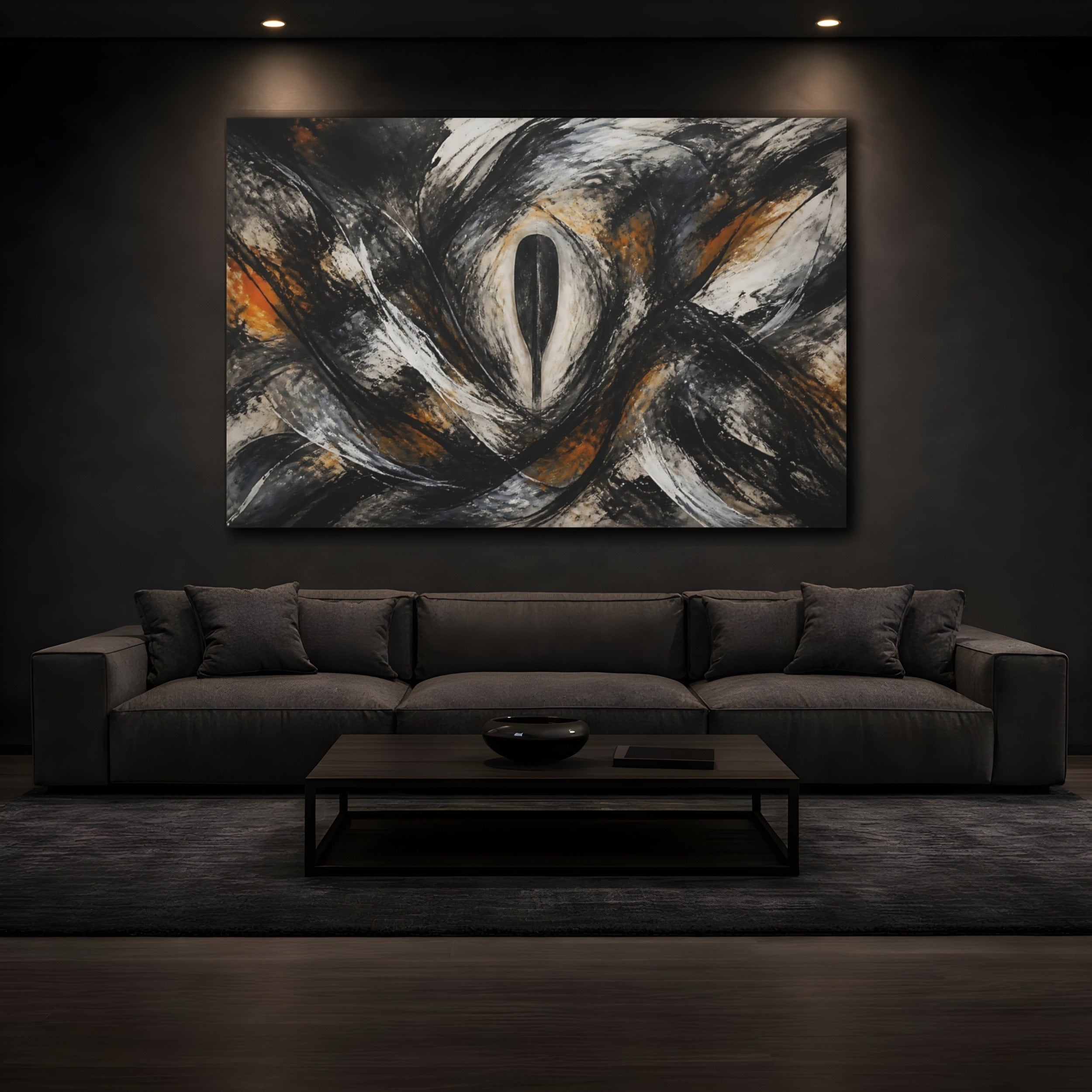 Mockup 3. Abstract Abstract Form Black White Orange shown as stretched canvas wall art