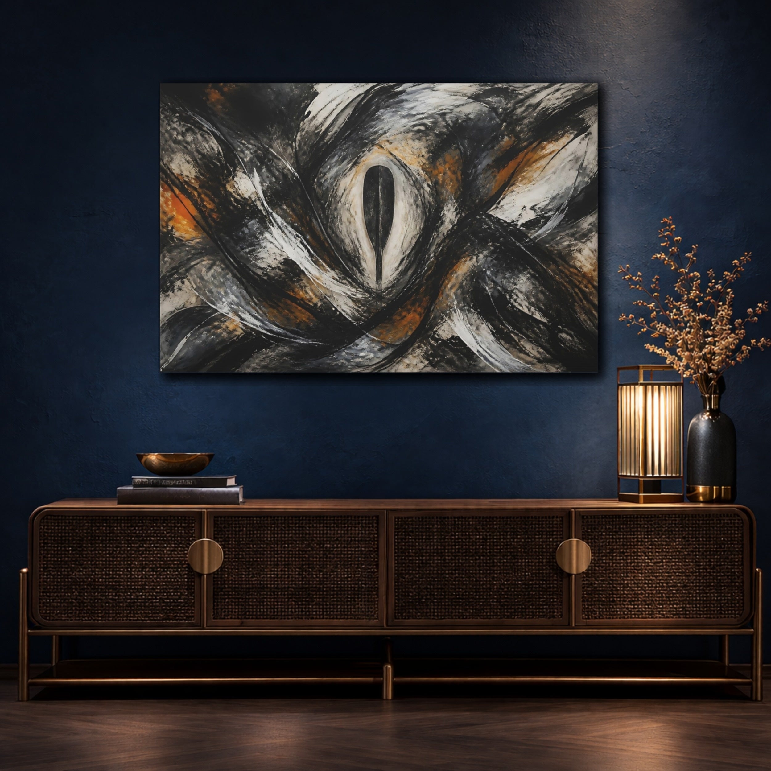 Mockup 4. Abstract Abstract Form Black White Orange shown as stretched canvas wall art