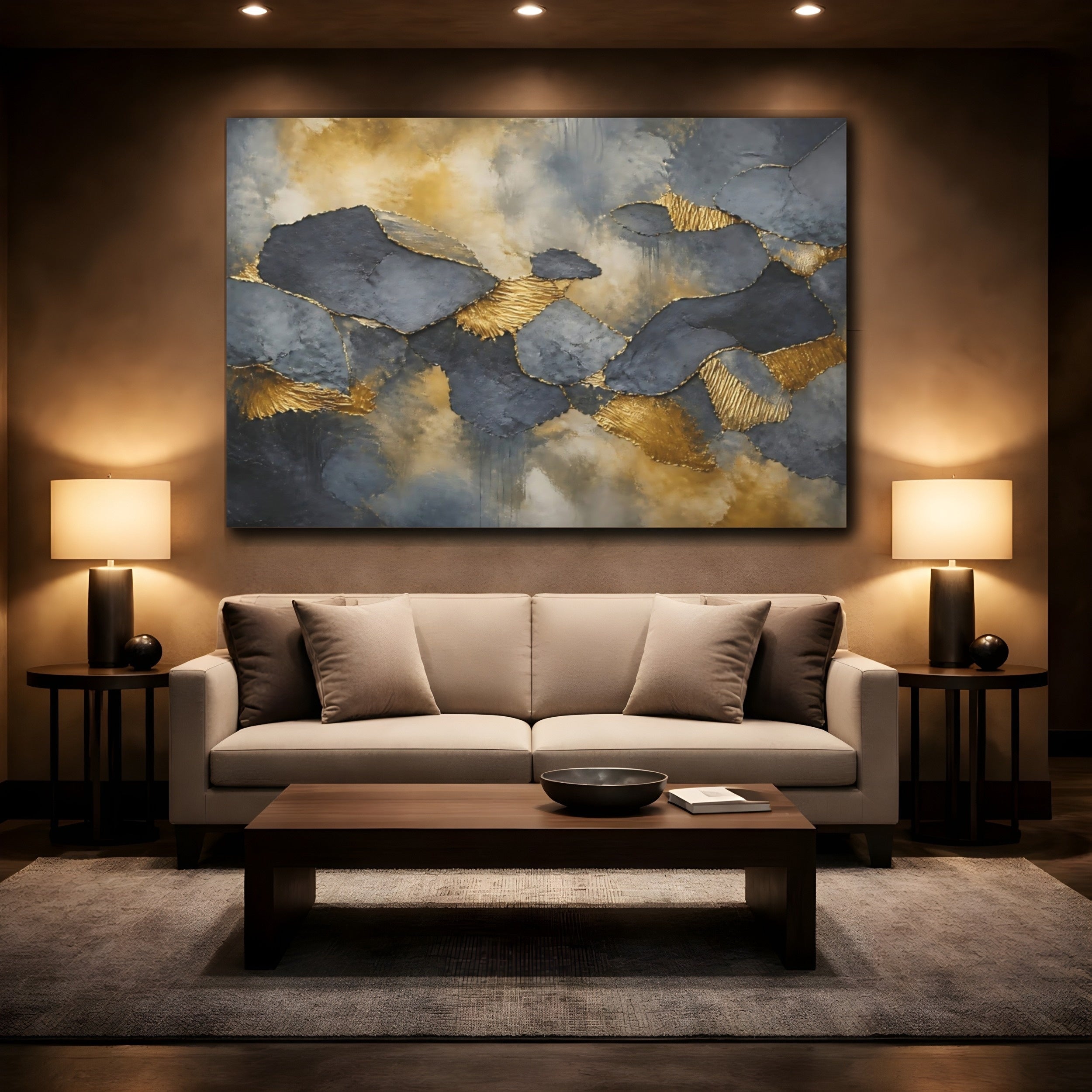 Mockup 2. Abstract Abstract Forms Gold And Grey shown as stretched canvas wall art
