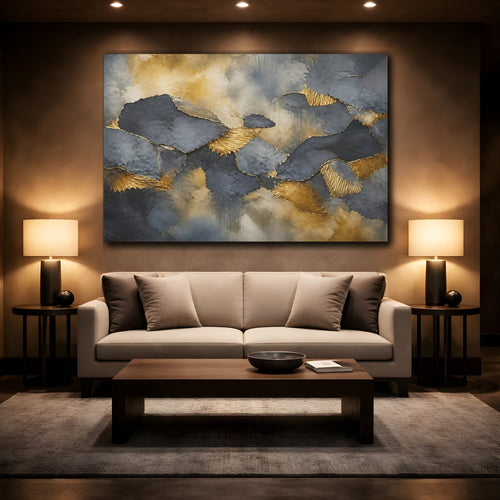 Mockup 2. Abstract Abstract Forms Gold And Grey shown as stretched canvas wall art