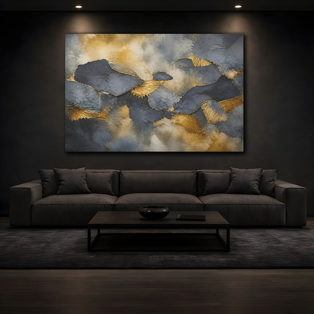 Mockup 3. Abstract Abstract Forms Gold And Grey shown as stretched canvas wall art