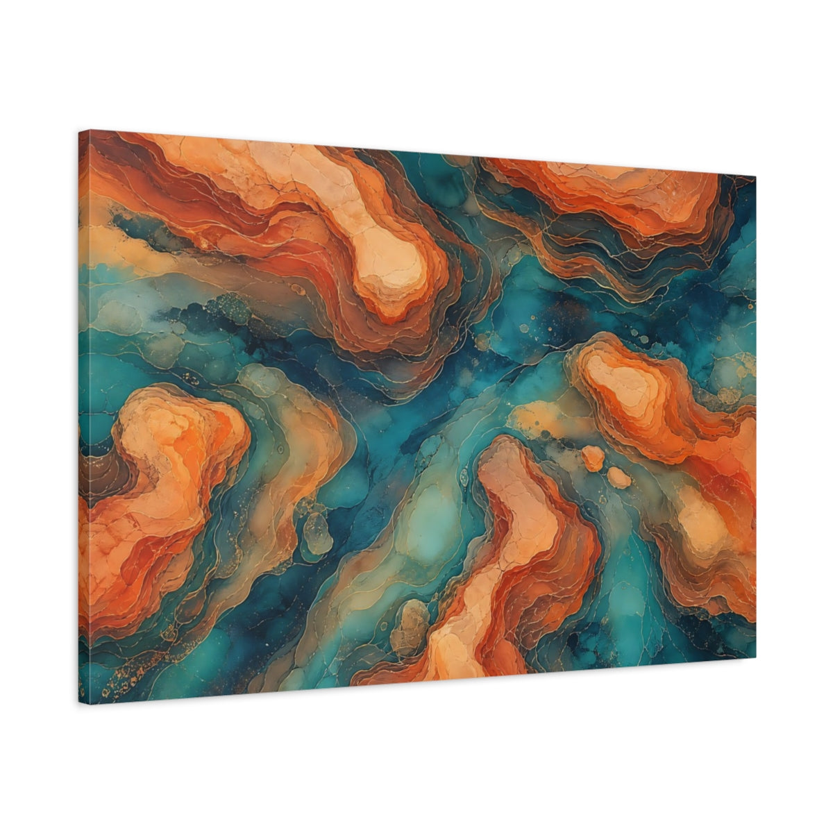 Main Mockup. Abstract Abstract Forms Orange Teal Abstract shown as stretched canvas wall art