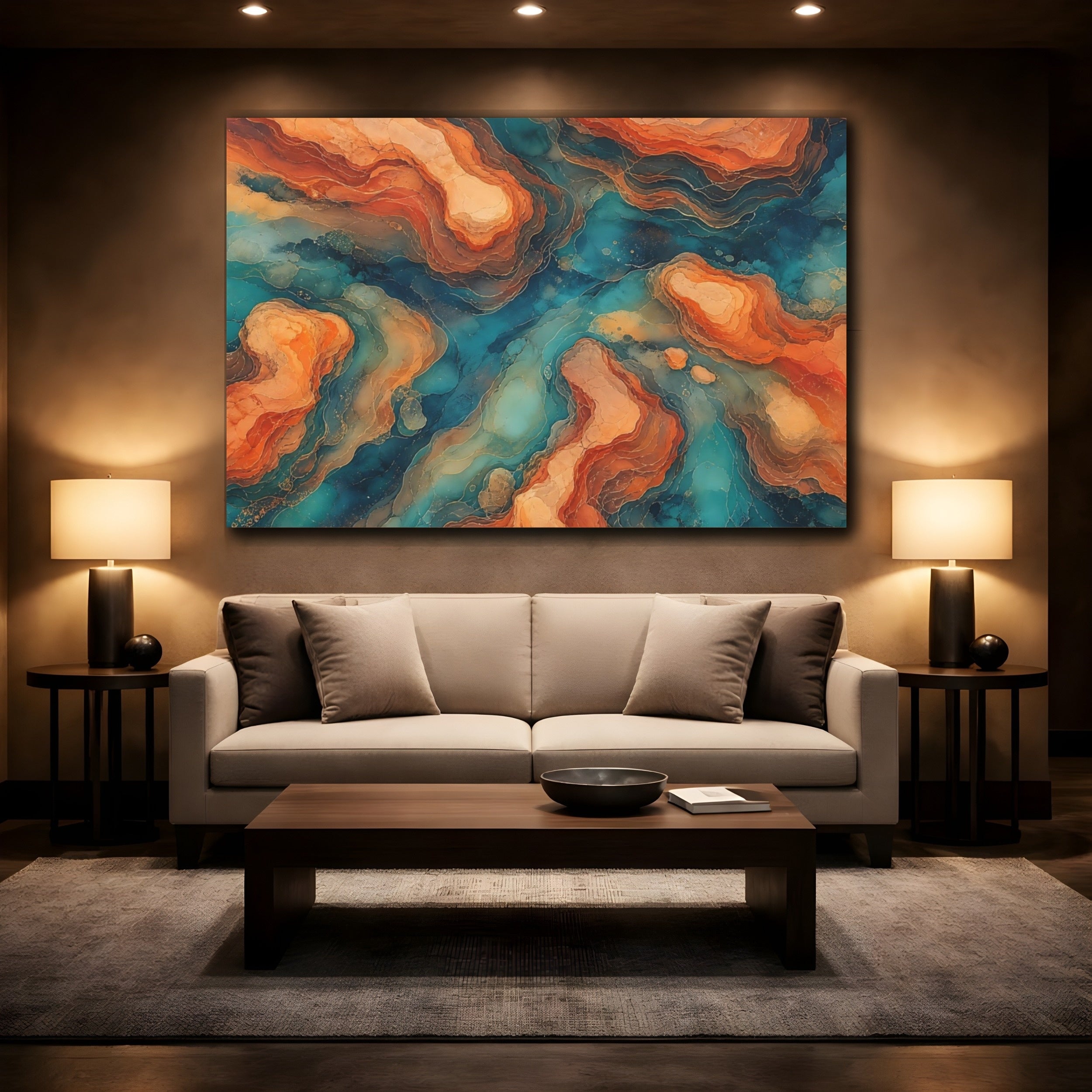 Mockup 2. Abstract Abstract Forms Orange Teal Abstract shown as stretched canvas wall art