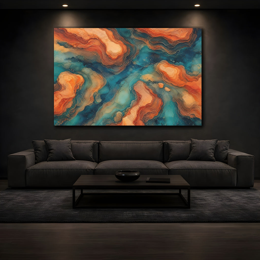 Mockup 3. Abstract Abstract Forms Orange Teal Abstract shown as stretched canvas wall art