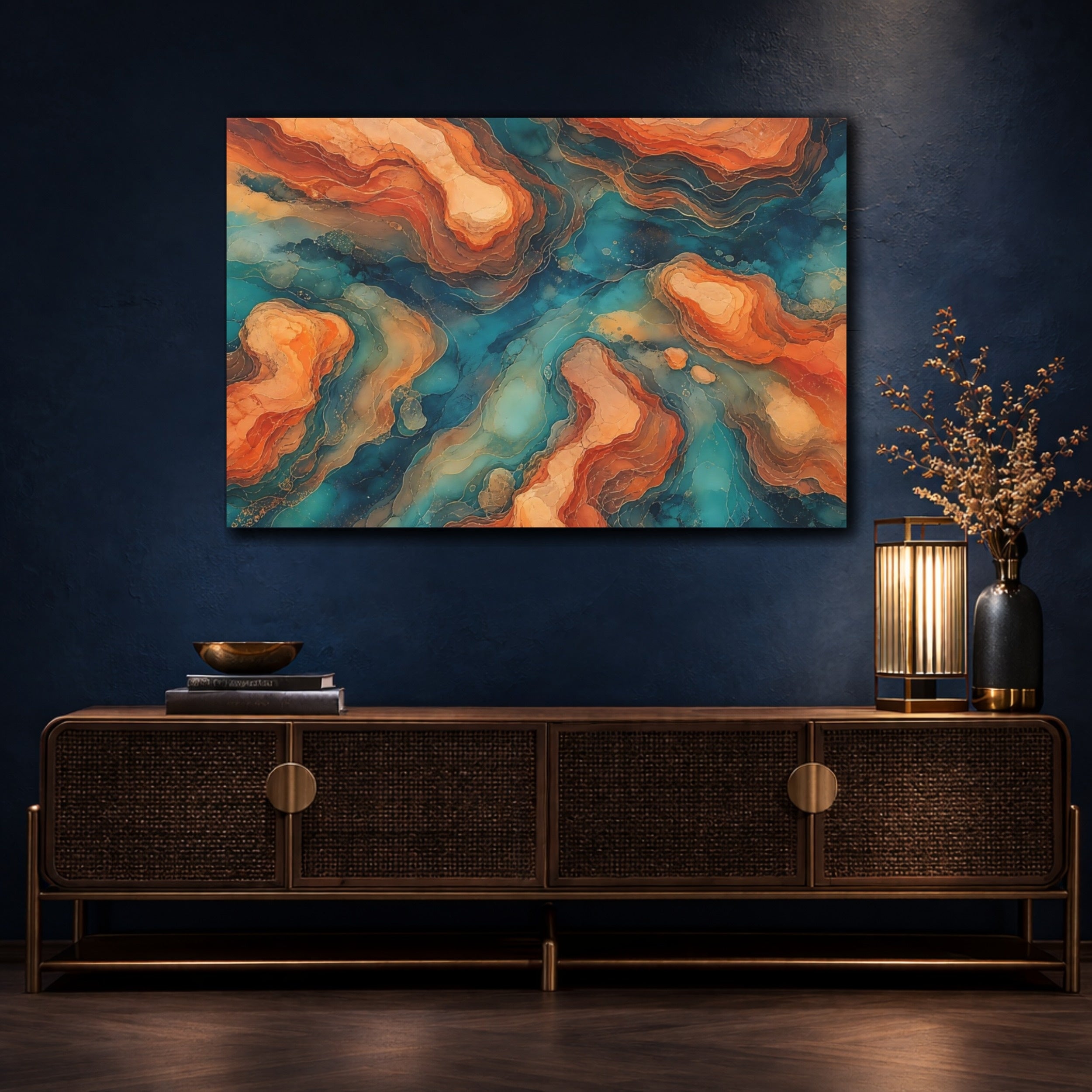 Mockup 4. Abstract Abstract Forms Orange Teal Abstract shown as stretched canvas wall art