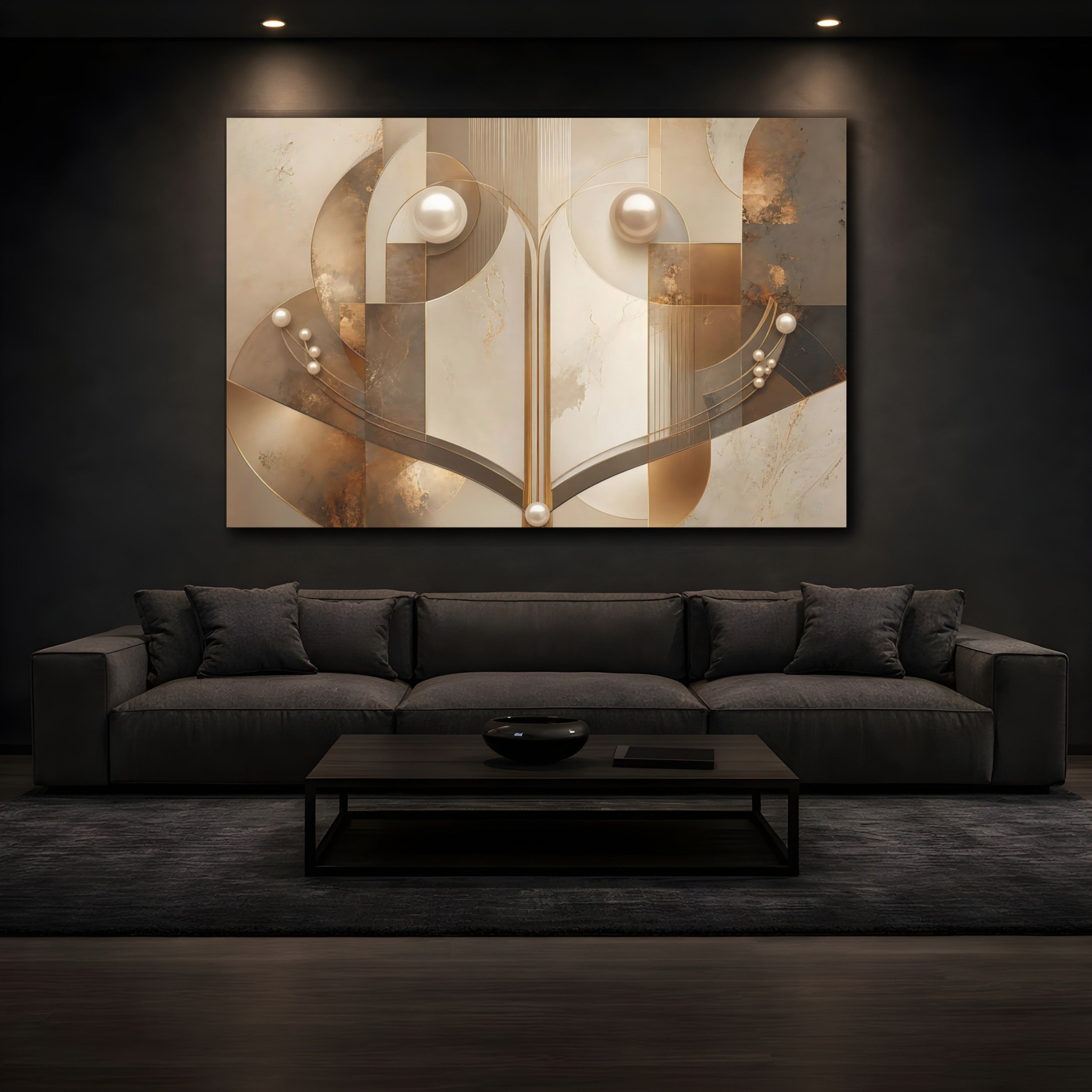 Mockup 3. Abstract Abstract Geometry Gold And Beige shown as stretched canvas wall art
