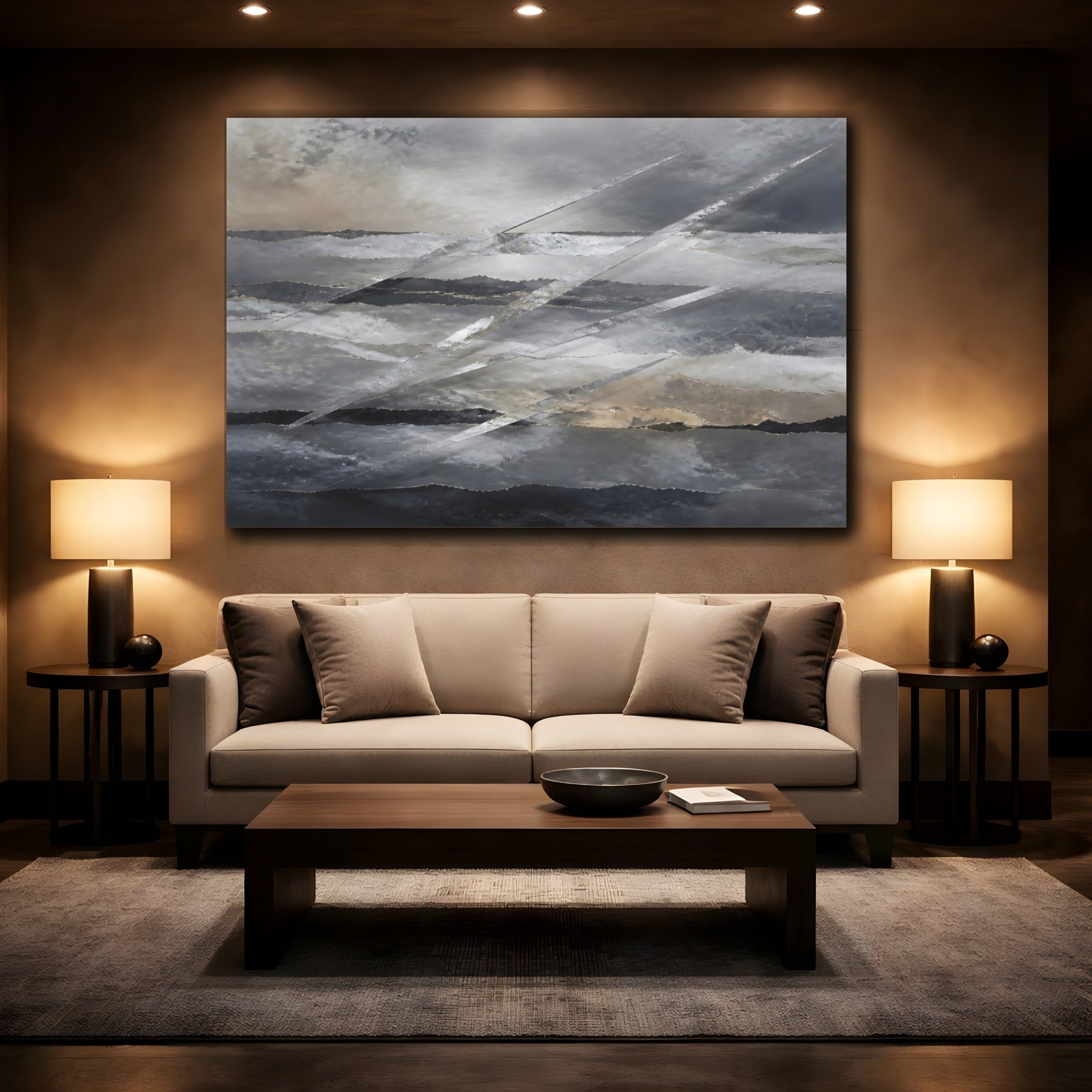 Mockup 2. Abstract Abstract Layers Gray Silver Gold shown as stretched canvas wall art