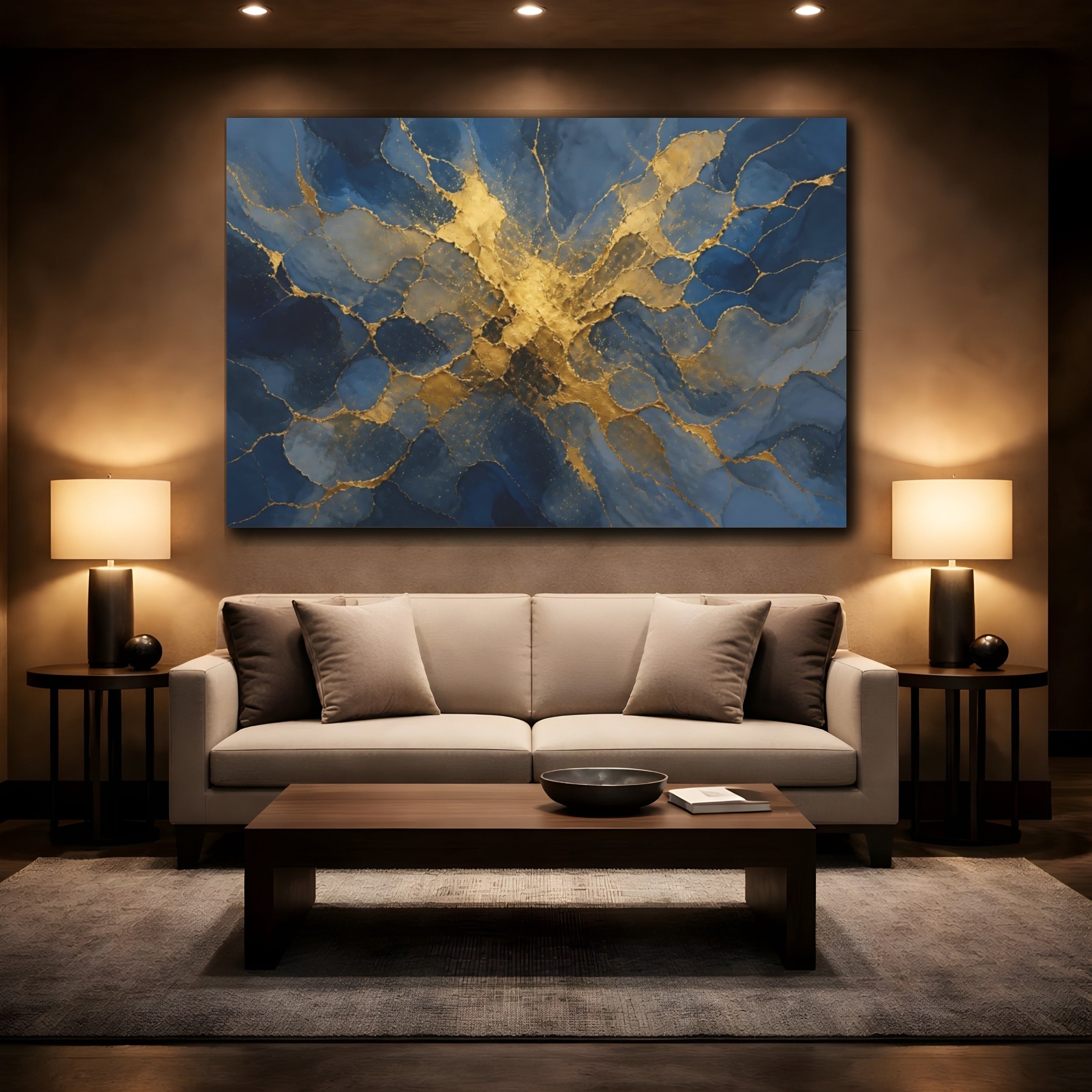 Mockup 2. Abstract Abstract Pattern Blue And Gold shown as stretched canvas wall art