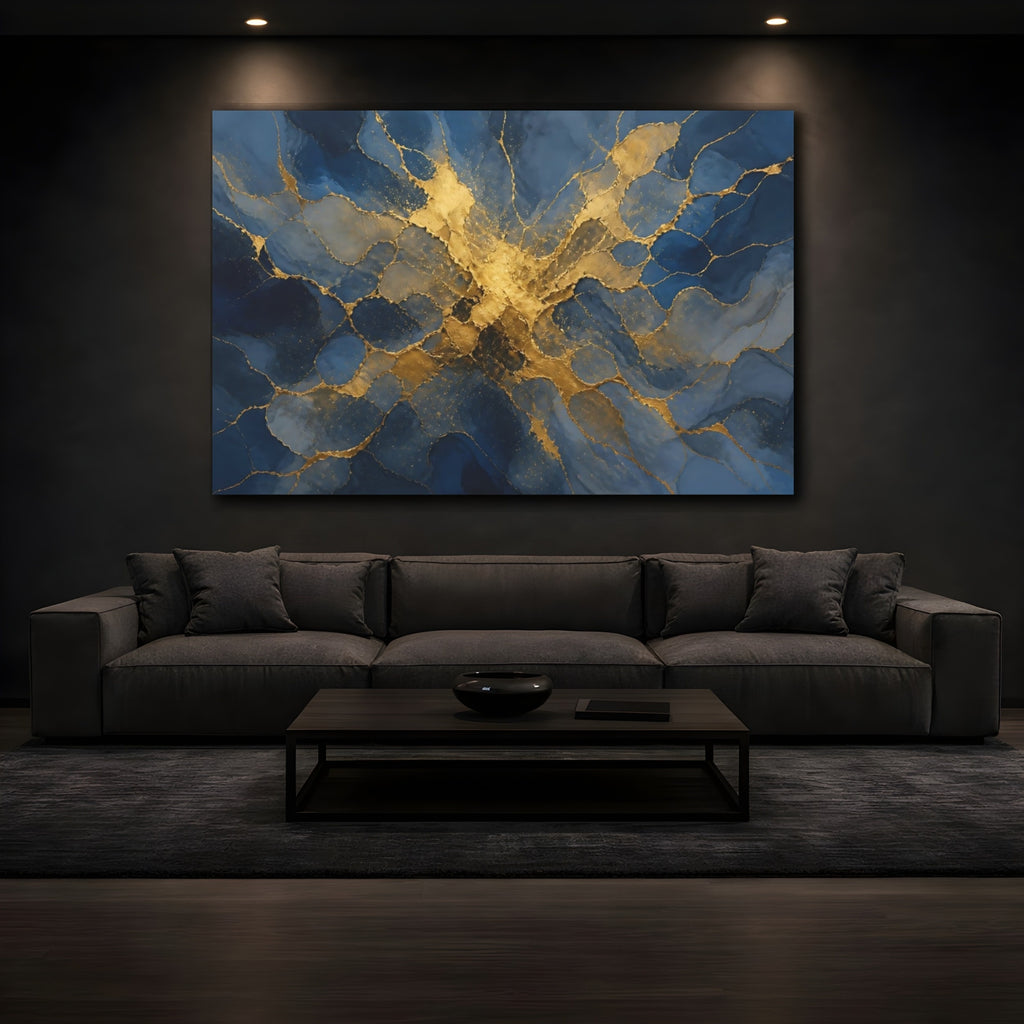 Mockup 3. Abstract Abstract Pattern Blue And Gold shown as stretched canvas wall art