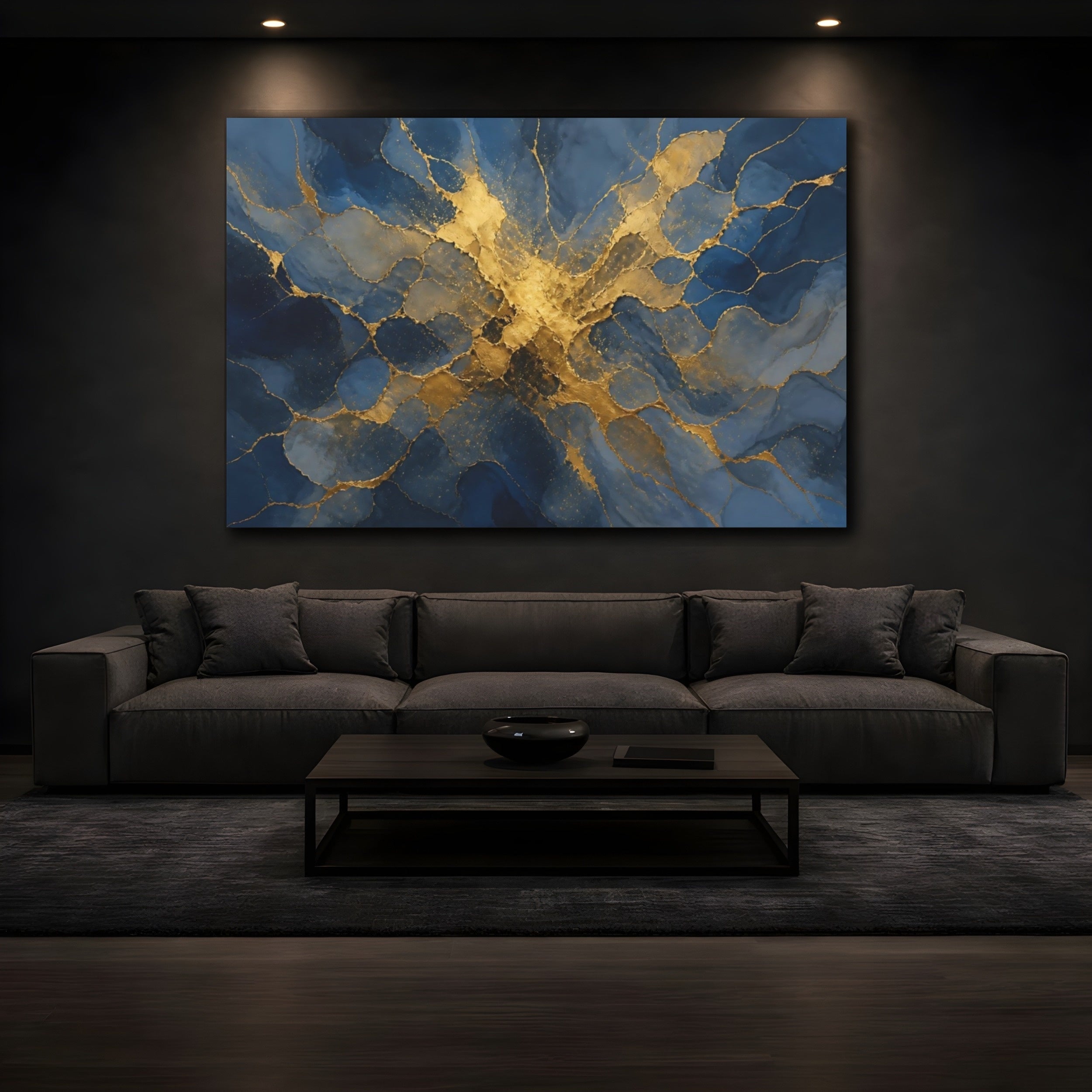Mockup 3. Abstract Abstract Pattern Blue And Gold shown as stretched canvas wall art