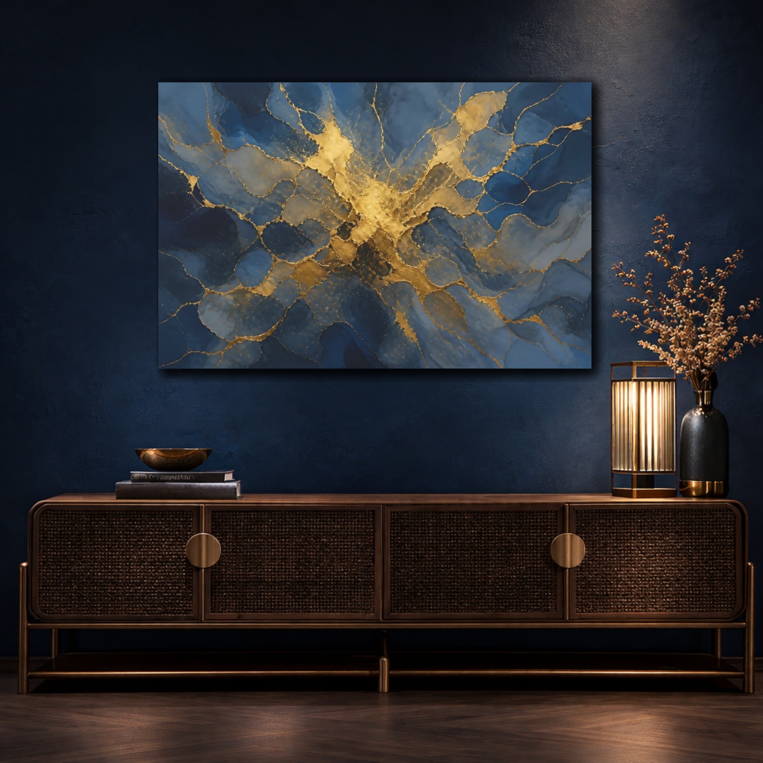 Mockup 4. Abstract Abstract Pattern Blue And Gold shown as stretched canvas wall art