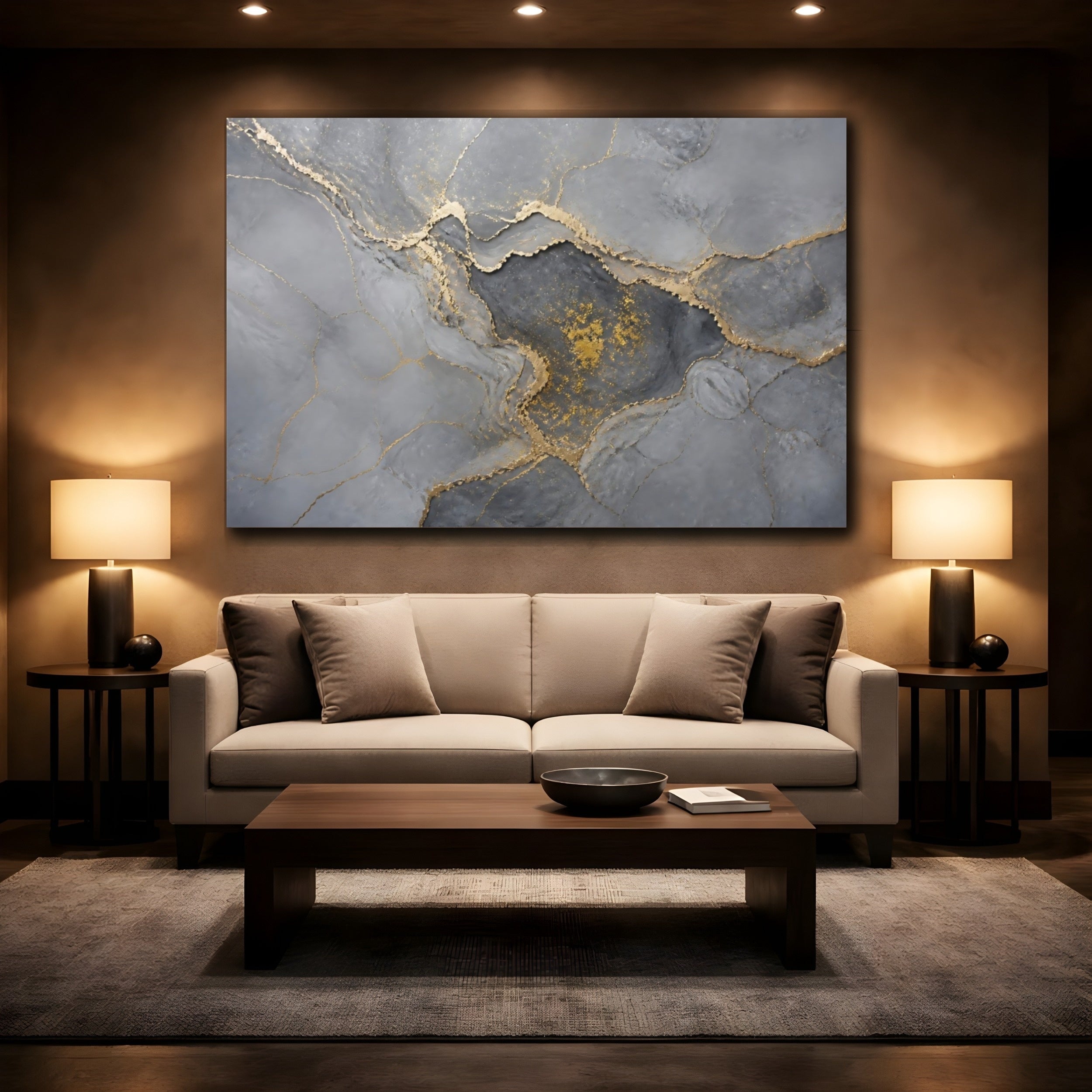 Mockup 2. Abstract Abstract Pattern Gray And Gold shown as stretched canvas wall art
