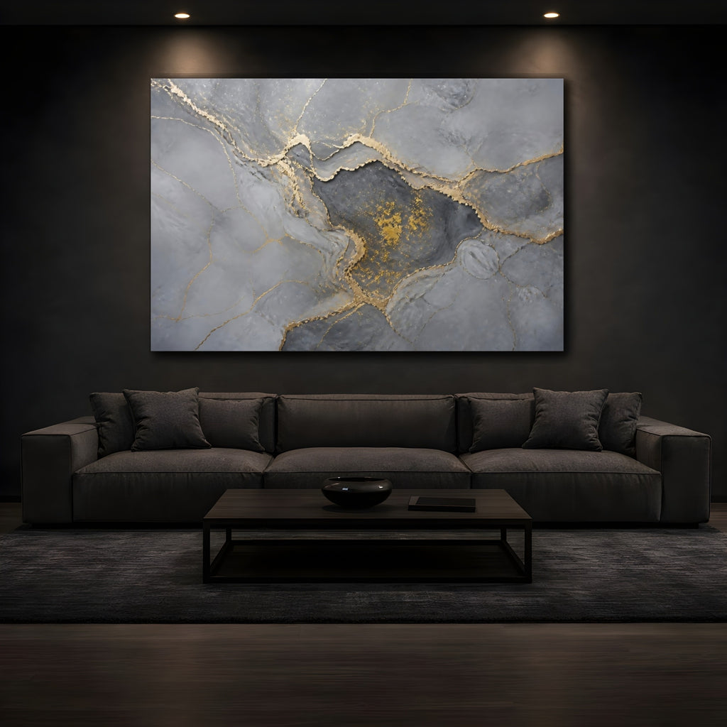 Mockup 3. Abstract Abstract Pattern Gray And Gold shown as stretched canvas wall art