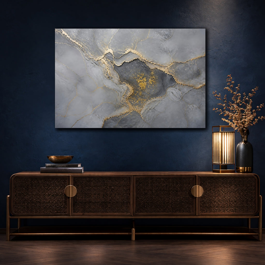 Mockup 4. Abstract Abstract Pattern Gray And Gold shown as stretched canvas wall art